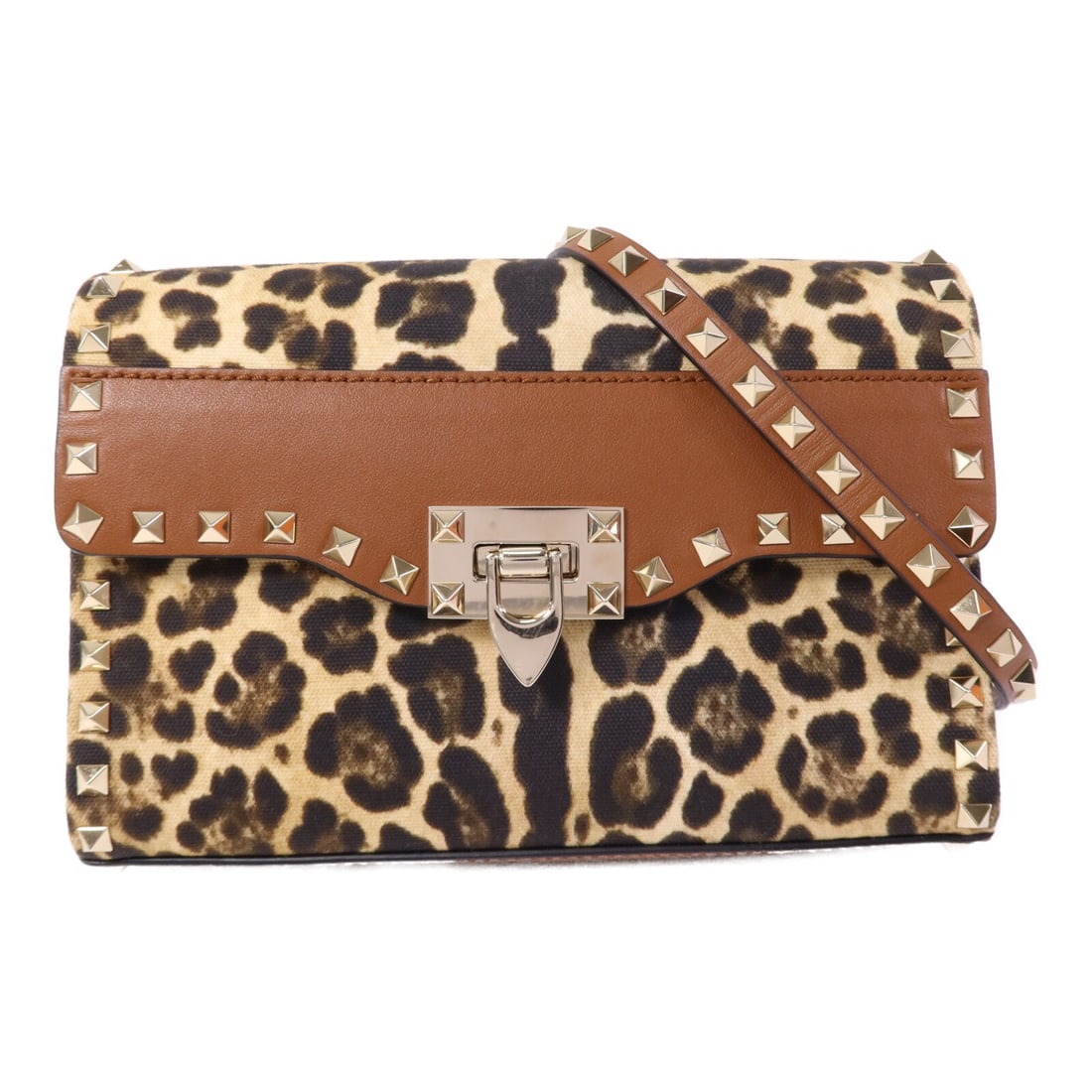 Valentino Garavani Rockstud Leopard Calfskin and Canvas Women's Shoulder Bag: Valentino Garavani Rockstud Leopard Calfskin and Canvas Women's Shoulder Bag This Valentino Garavani Rockstud shoulder bag features a striking leopard print design crafted from calfskin leather and ca