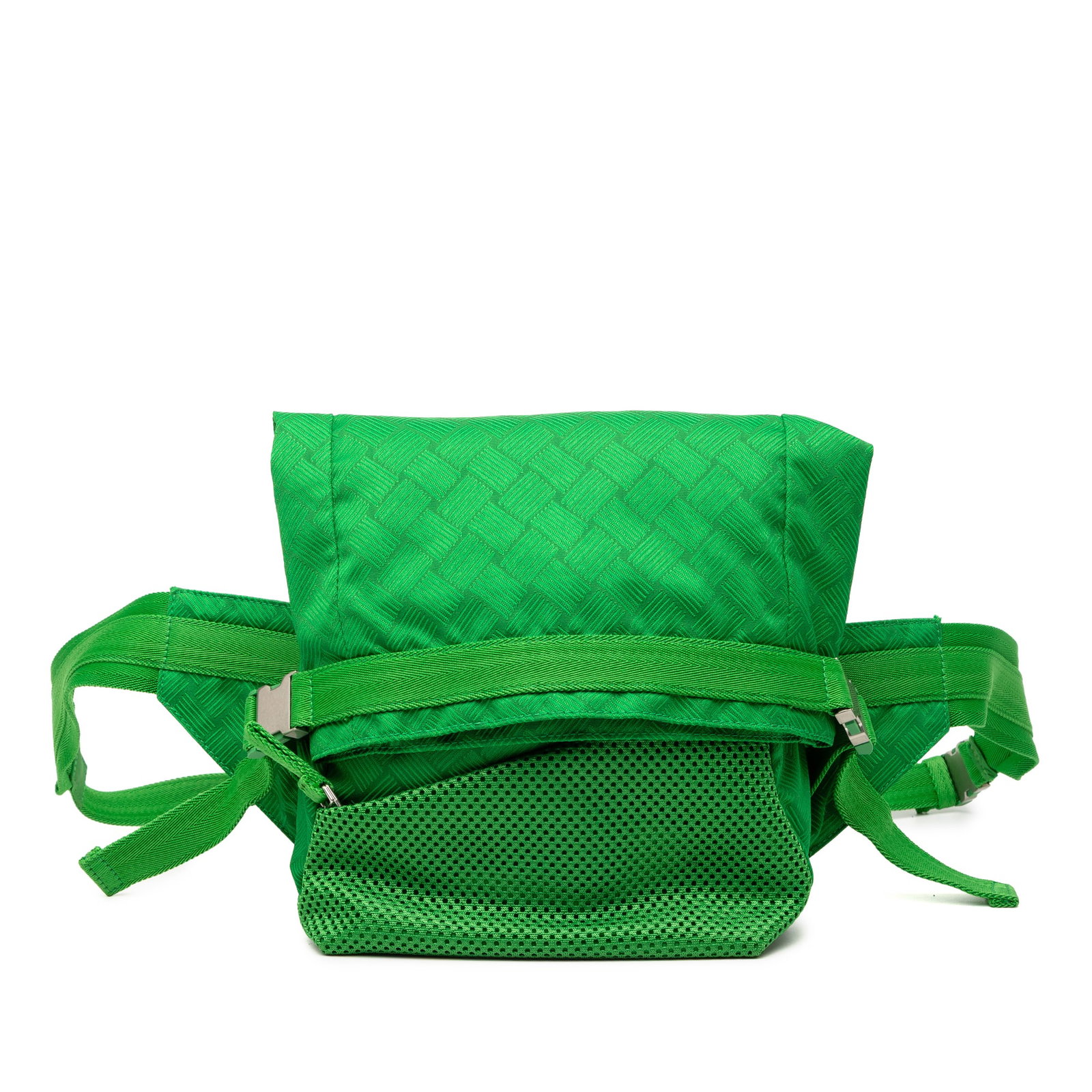 Green Intrecciato Nylon Mesh Bottega Veneta Belt Bag with Zip Pockets: Green Intrecciato Nylon Mesh Bottega Veneta Belt Bag with Zip Pockets This Bottega Veneta belt bag features a nylon body with mesh trim and an adjustable flat waist strap with belt buckle closure. It 
