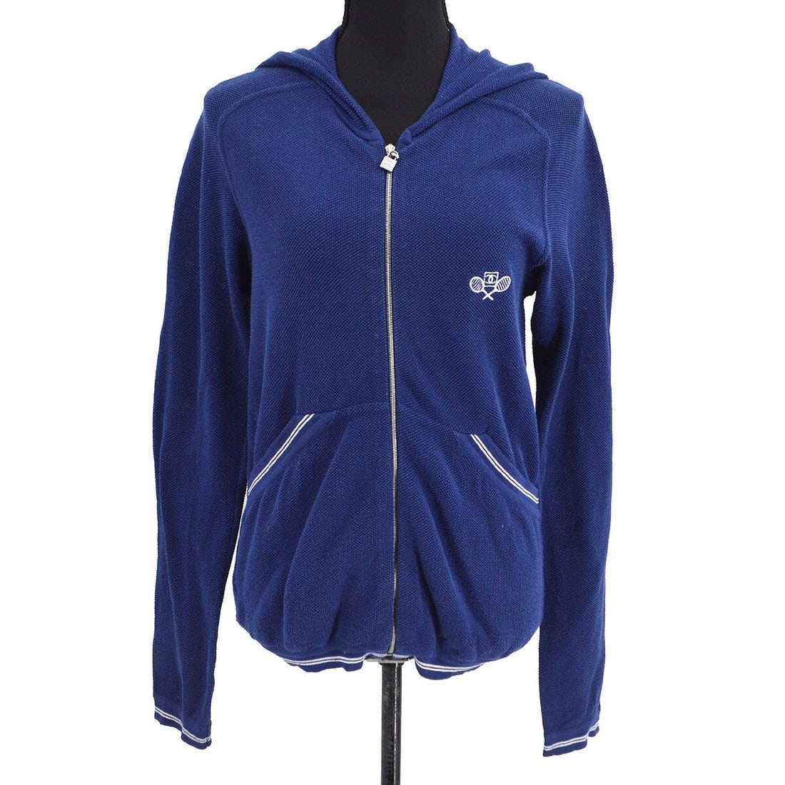 Chanel Sport Line Zip-up Hoodie Navy 100% Cotton Vintage 05P #42: Chanel Sport Line Zip-up Hoodie Navy 100% Cotton Vintage 05P #42 This Chanel Sport Line Zip-up Hoodie is a stylish addition to your casual wardrobe. Crafted from 100% cotton, it features a mid-length 