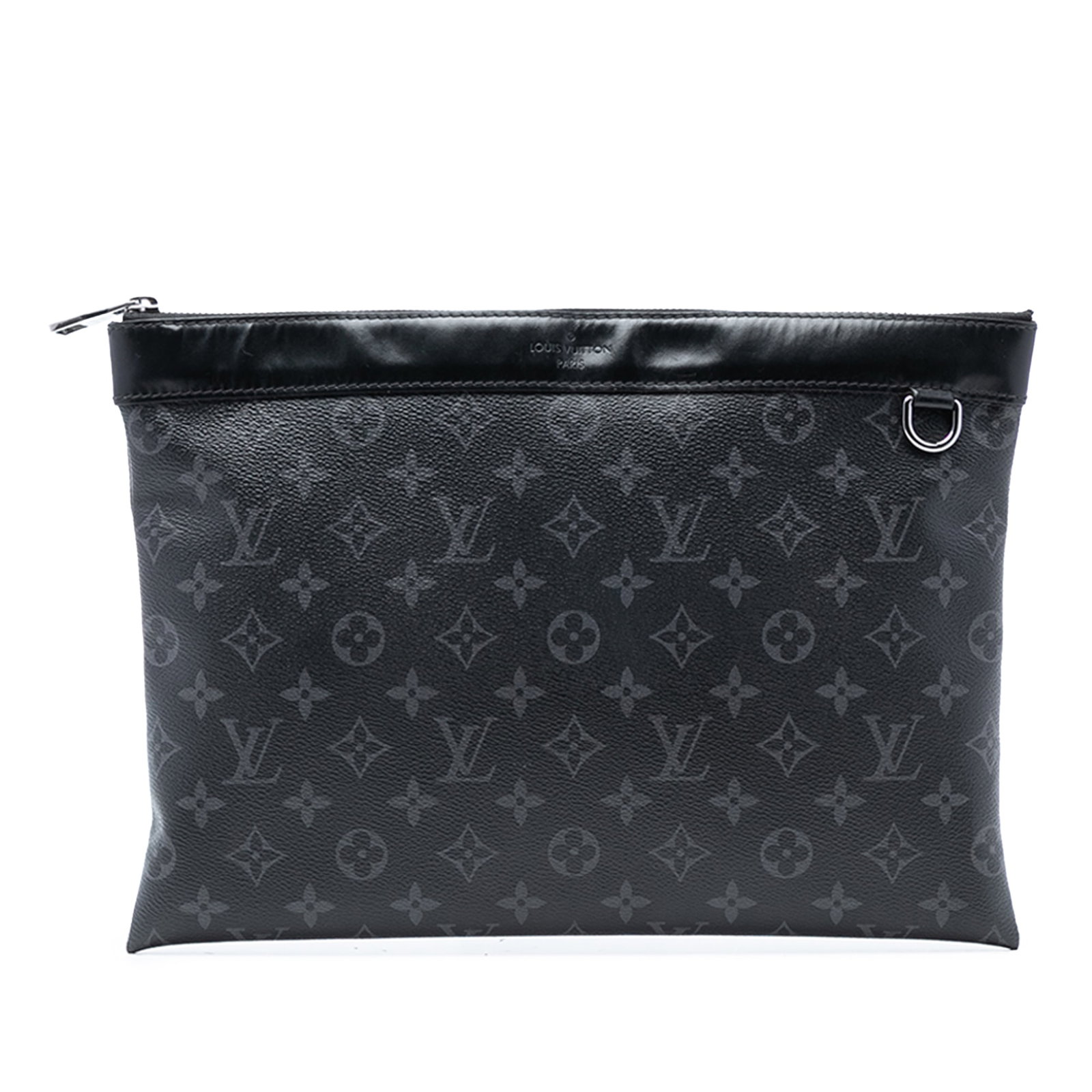 Louis Vuitton Discovery GM Black Coated Canvas Monogram Eclipse Pouch: Louis Vuitton Discovery GM Black Coated Canvas Monogram Eclipse Pouch The Louis Vuitton Monogram Eclipse Discovery Pochette GM showcases a coated canvas body with leather trim and a top zip closure. T