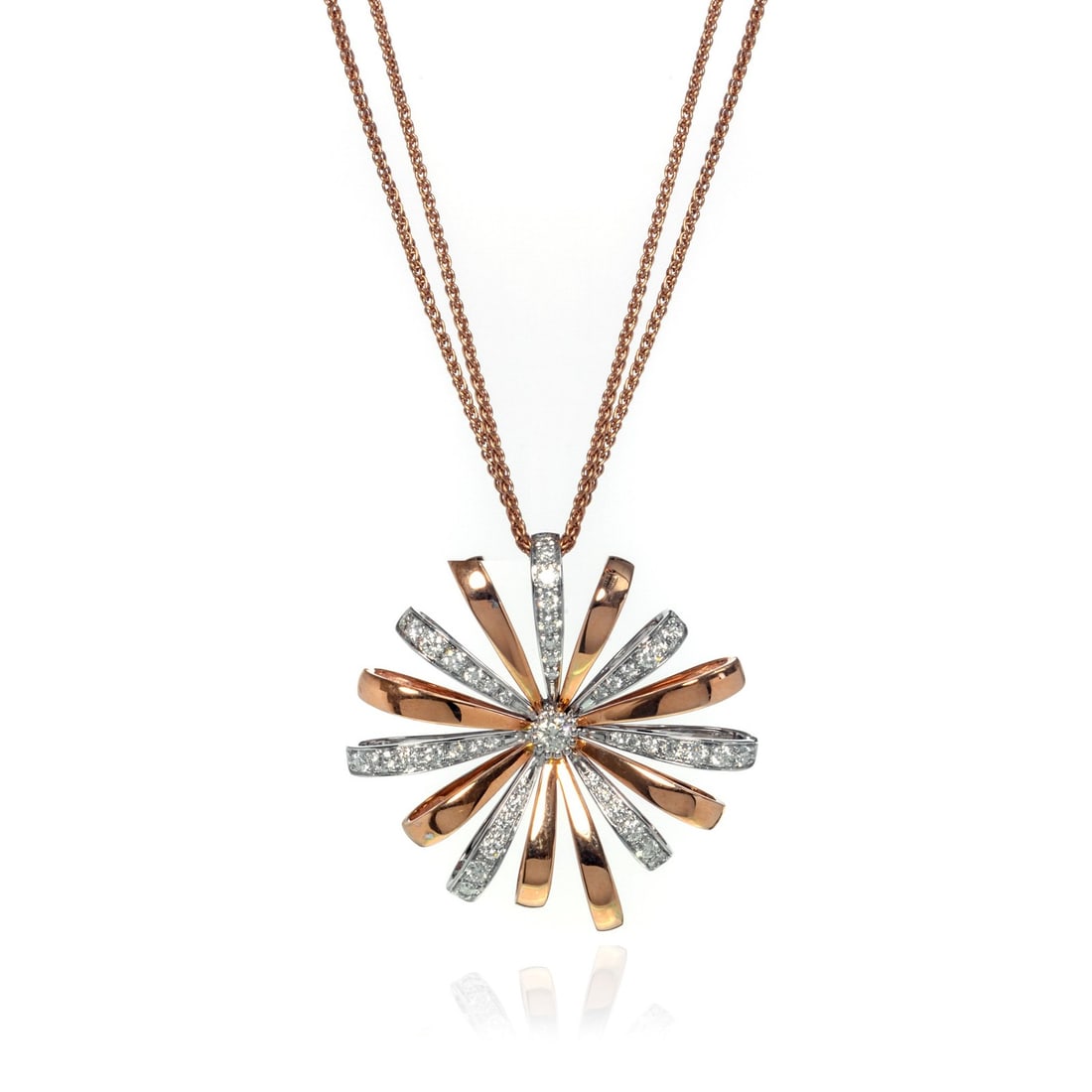 Luca Carati 18K Rose White Gold Flower Pendant Necklace 1.34Cttw Diamonds: Luca Carati 18K Rose White Gold Flower Pendant Necklace 1.34Cttw Diamonds This stunning Luca Carati large flower pendant necklace showcases a beautiful blend of 18K rose and white gold, adorned with a