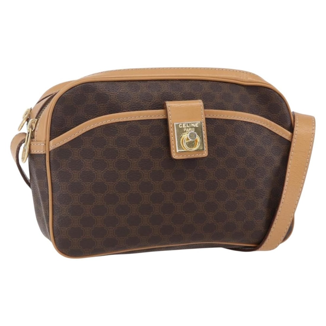 Celine Brown Macadam Shoulder Bag in PVC and Leather: Celine Brown Macadam Shoulder Bag in PVC and Leather This pre-owned Celine Macadam shoulder bag features brown PVC material with leather accents and is designed for women. The bag shows signs of use i