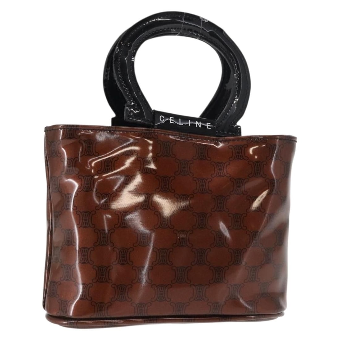 CELINE Macadam Canvas Hand Bag PVC Brown Black Authentic 154907: CELINE Macadam Canvas Hand Bag PVC Brown Black Authentic 154907 This authentic CELINE Macadam Canvas Hand Bag is crafted from durable PVC leather in a chic brown and black color scheme. With dimension