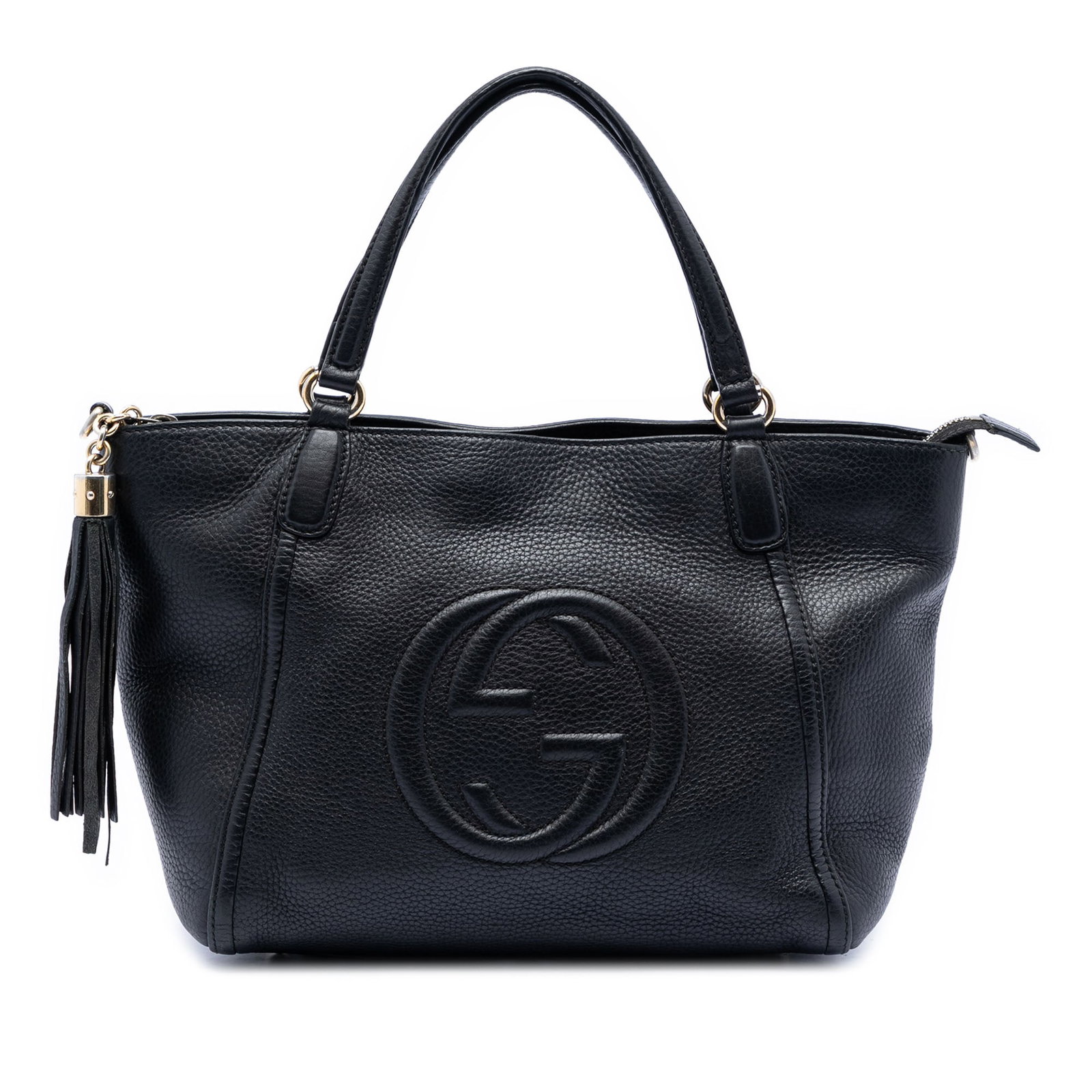 Gucci Soho Cellarius Black Leather Small Satchel with Tassel Detail: Gucci Soho Cellarius Black Leather Small Satchel with Tassel Detail This Gucci Small Calfskin Soho Cellarius Satchel features a black leather body with flat leather handles, a top zip closure accented