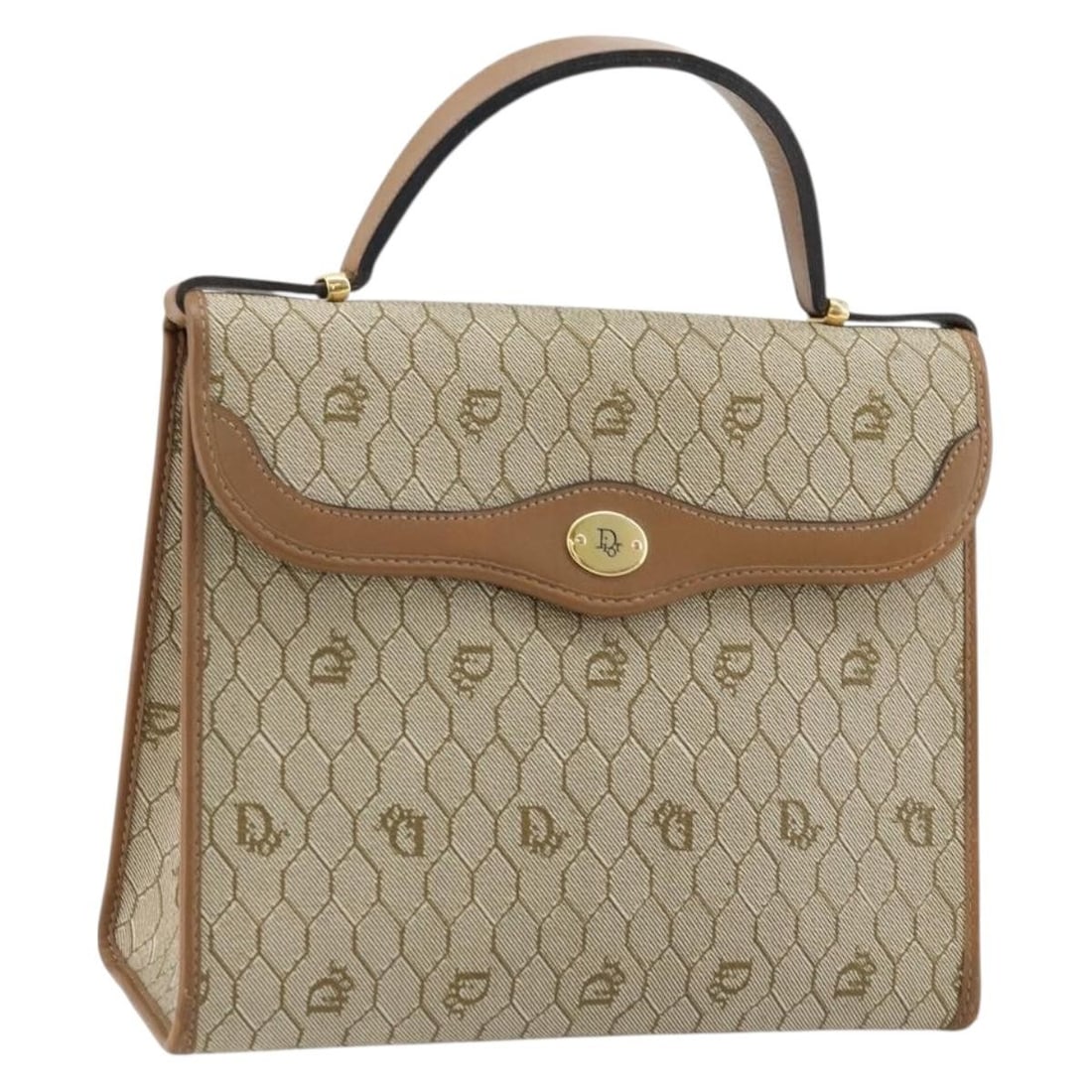 Christian Dior beige gold PVC leather honeycomb canvas handbag: Christian Dior beige gold PVC leather honeycomb canvas handbag This Christian Dior handbag features the signature honeycomb canvas in beige and gold tones, crafted from PVC leather. The bag is designe