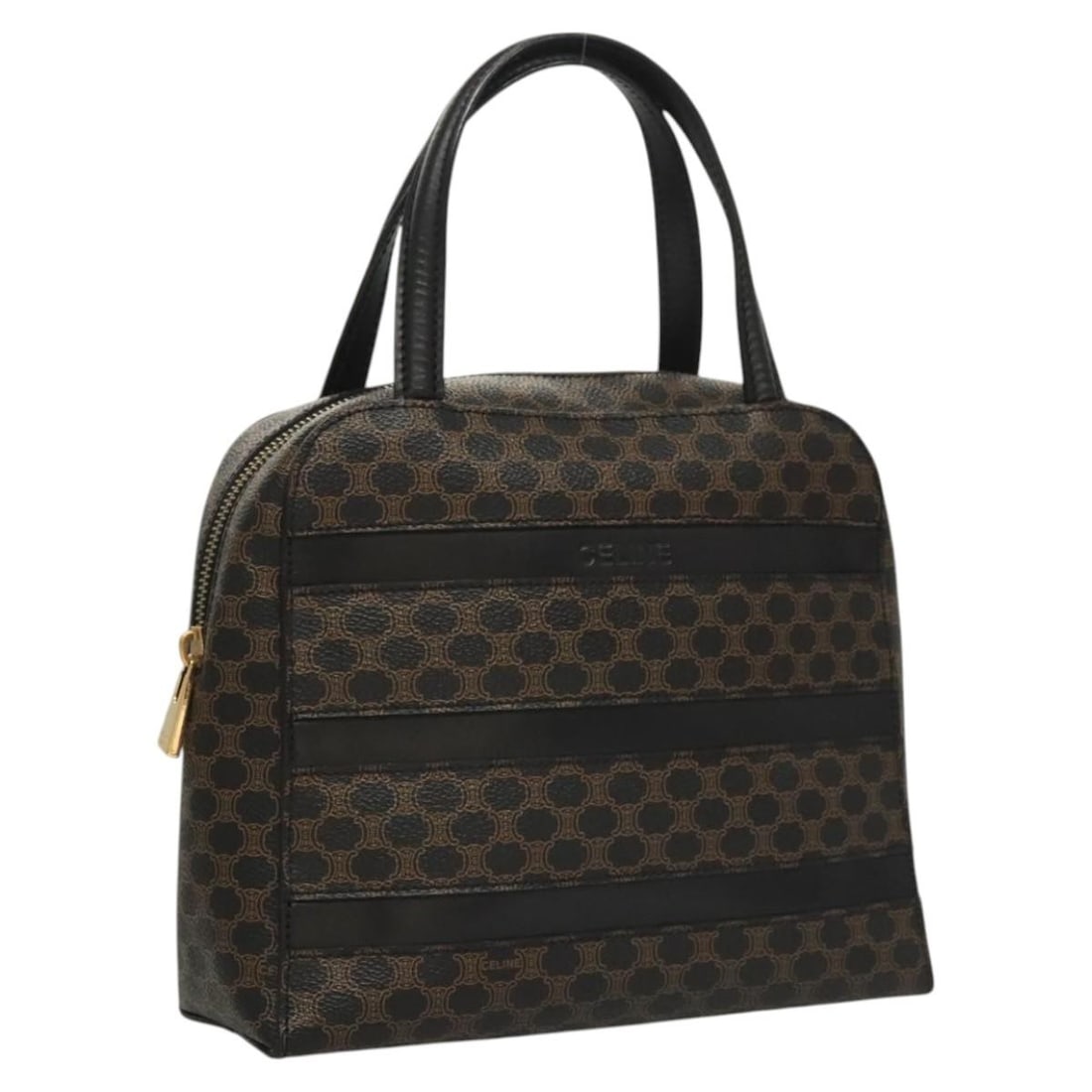 Celine Macadam Black PVC and Leather Handbag with Gold Tone Accents: Celine Macadam Black PVC and Leather Handbag with Gold Tone Accents This CELINE Macadam Canvas Hand Bag features a black and gold color scheme with PVC leather and the signature Macadam canvas. Design