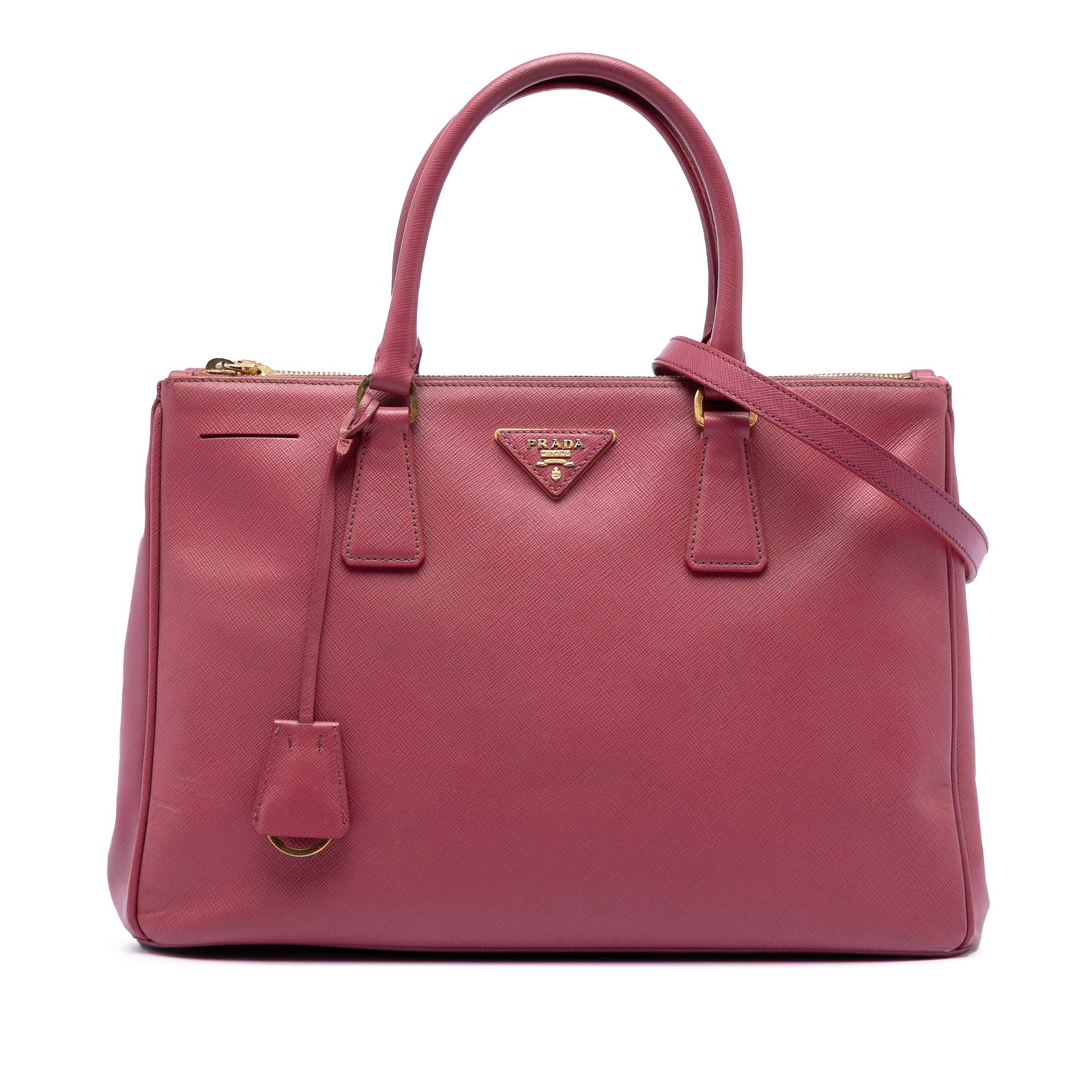 Prada Galleria Medium Pink Saffiano Leather Double Zip Satchel Bag: Prada Galleria Medium Pink Saffiano Leather Double Zip Satchel Bag This Prada Medium Saffiano Lux Galleria Double Zip Satchel features a structured silhouette crafted from saffiano leather in pink. It