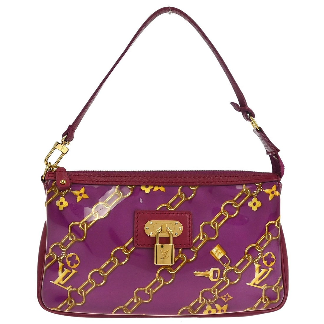 Louis Vuitton Charms Pochette Pink PVC Handbag 21cm x 13cm x 4cm: Louis Vuitton Charms Pochette Pink PVC Handbag 21cm x 13cm x 4cm This Louis Vuitton Charms Pochette is crafted from PVC with a pink overprinted silk design. Designed for women, it features the iconic 