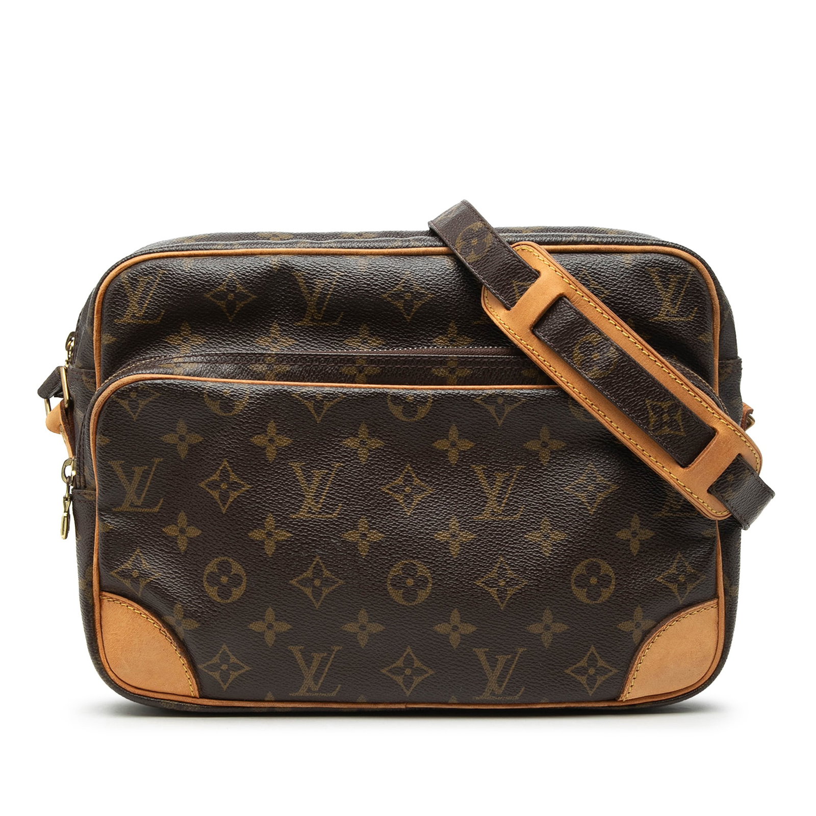 Louis Vuitton Nil Shoulder Bag with Monogram Canvas and Leather Trim: Louis Vuitton Nil Shoulder Bag with Monogram Canvas and Leather Trim This Louis Vuitton Monogram Nil Crossbody features the iconic monogram canvas with vachetta leather trim. It is designed with an ad
