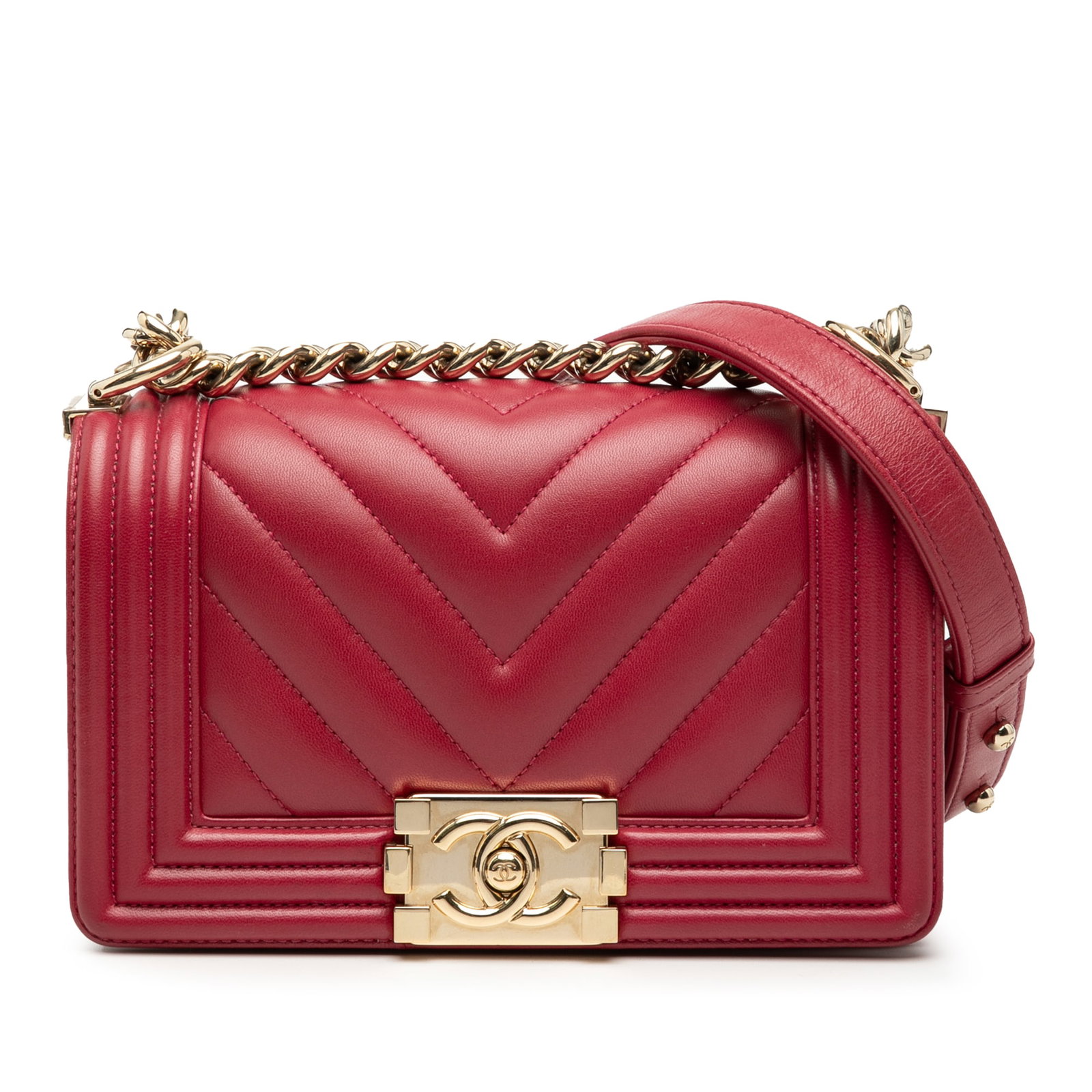 Chanel Boy Flap Small Chevron Calfskin Red Shoulder Bag: Chanel Boy Flap Small Chevron Calfskin Red Shoulder Bag This Chanel Small Chevron Calfskin Boy Flap Bag features a quilted leather body in red, a flat leather strap with a chain in silver-tone hardwar