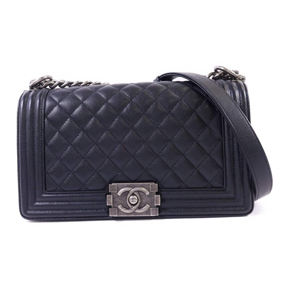 Black Calfskin Leather Boy 25 Shoulder Bag by CHANEL with CC Logo Chain: Black Calfskin Leather Boy 25 Shoulder Bag by CHANEL with CC Logo Chain This CHANEL CC Boy 25 chain shoulder bag features black calfskin leather with a sleek, structured silhouette. The bag showcases 