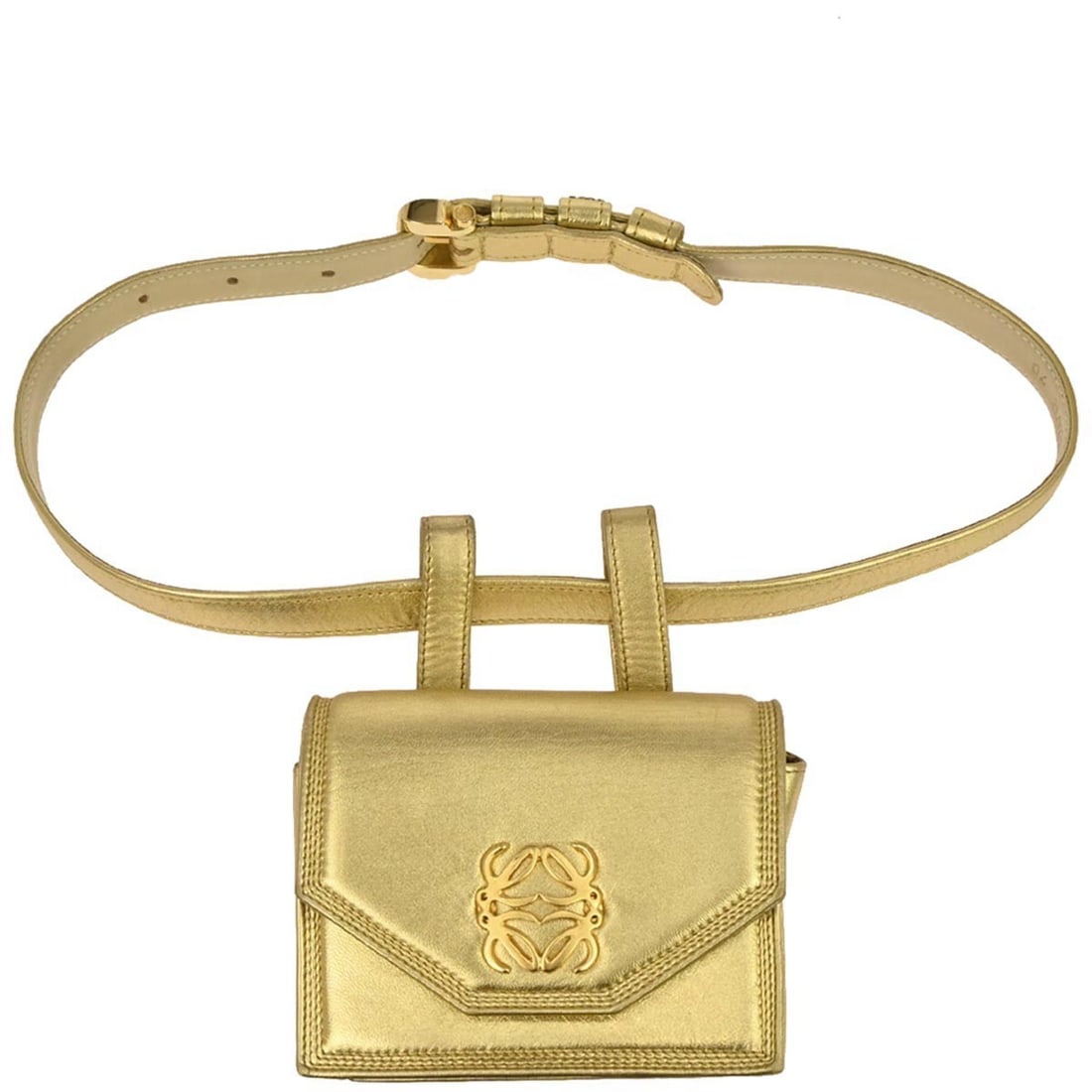 Loewe Quilted Gold Leather Mini Bum Bag with Adjustable Strap: Loewe Quilted Gold Leather Mini Bum Bag with Adjustable Strap This Loewe gold leather waist bum bag features a mini size with a magnetic flap closure and adjustable leather strap. The bag is accented 