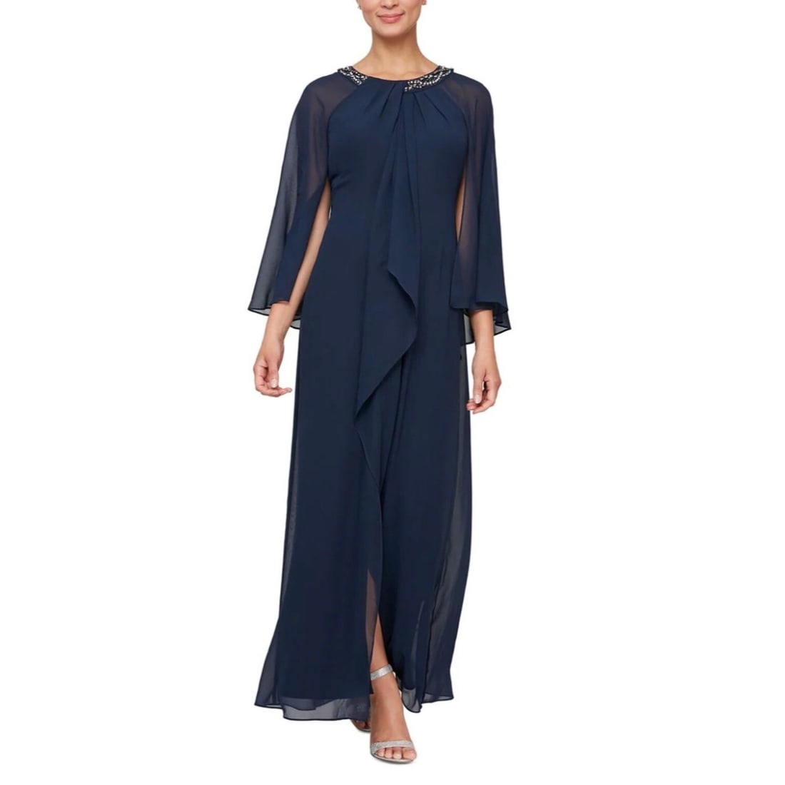 SLNY Navy Blue Chiffon Capelet Sheath Evening Dress Size 4: SLNY Navy Blue Chiffon Capelet Sheath Evening Dress Size 4 This elegant navy blue chiffon capelet evening dress by SLNY features a stylish round neckline and short sleeves, perfect for parties or cock