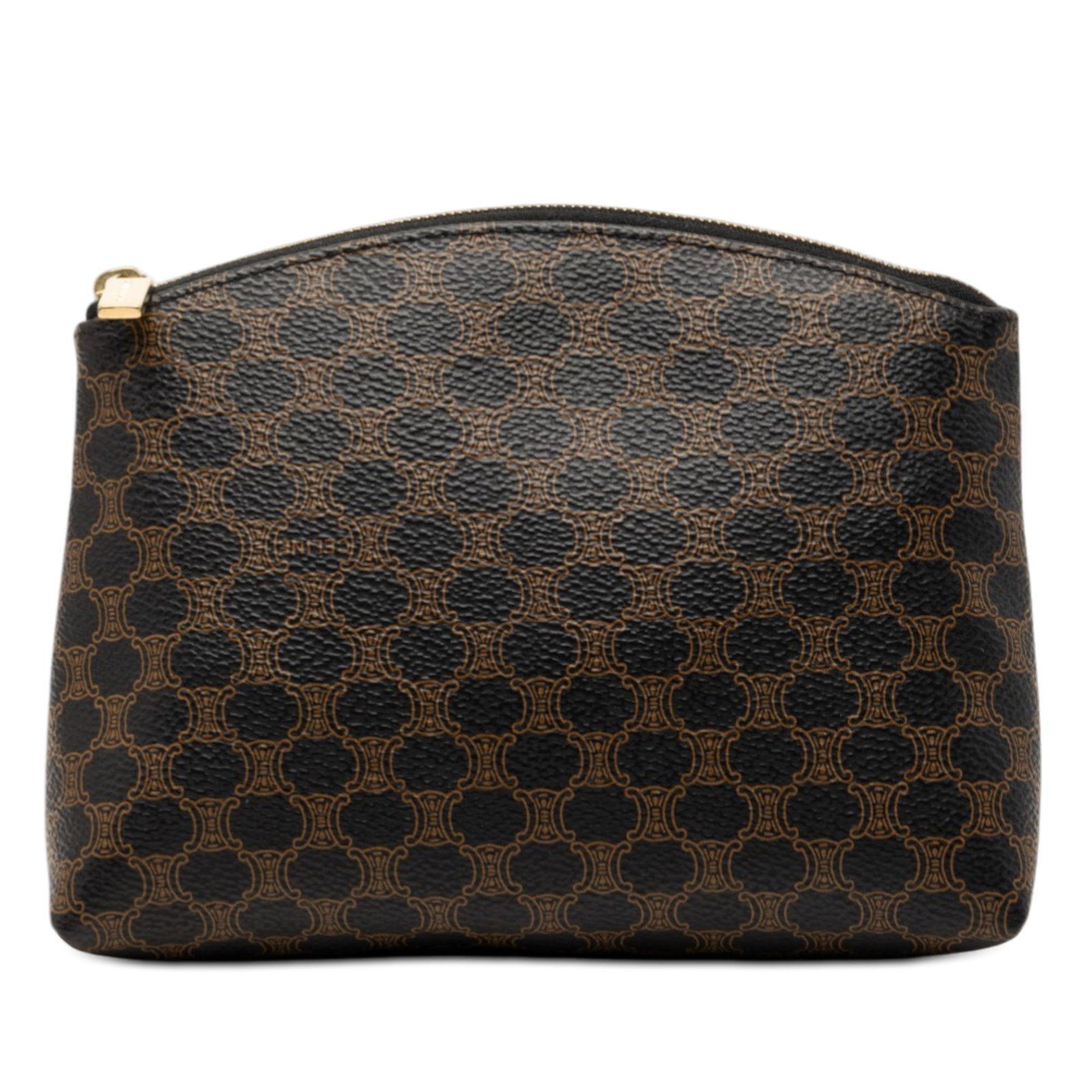 Brown Macadam Small Pouch by Celine in Coated Canvas: Brown Macadam Small Pouch by Celine in Coated Canvas This Celine Macadam pouch is crafted from coated canvas and features a top zip closure. The pouch is brown and designed for small leather goods use