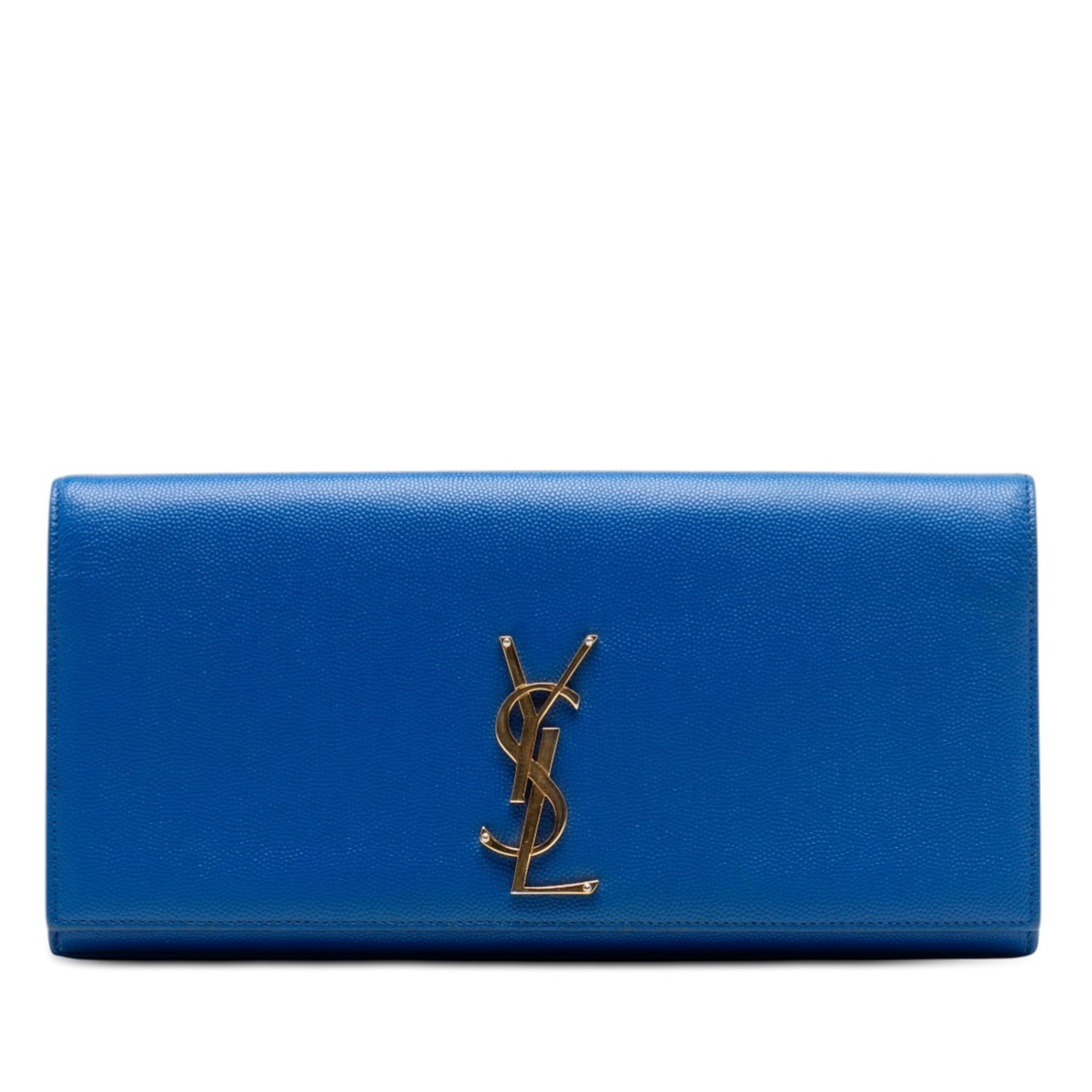 Saint Laurent Blue Leather Monogram Cassandre Grain de Poudre Clutch Bag: Saint Laurent Blue Leather Monogram Cassandre Grain de Poudre Clutch Bag This Saint Laurent Grain de Poudre Monogram Cassandre Clutch features a blue leather exterior with a front flap magnetic snap c