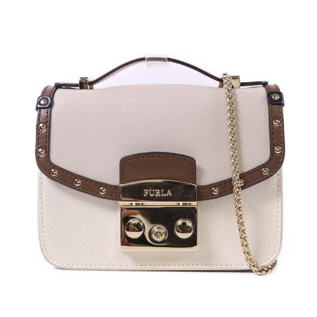 Furla Metropolis Mini Crossbody 2 Way Bag White Gray Calfskin Leather: Furla Metropolis Mini Crossbody 2 Way Bag White Gray Calfskin Leather Introducing the Furla Metropolis Mini Crossbody Bag, a stylish and versatile accessory crafted from high-quality calfskin leather.