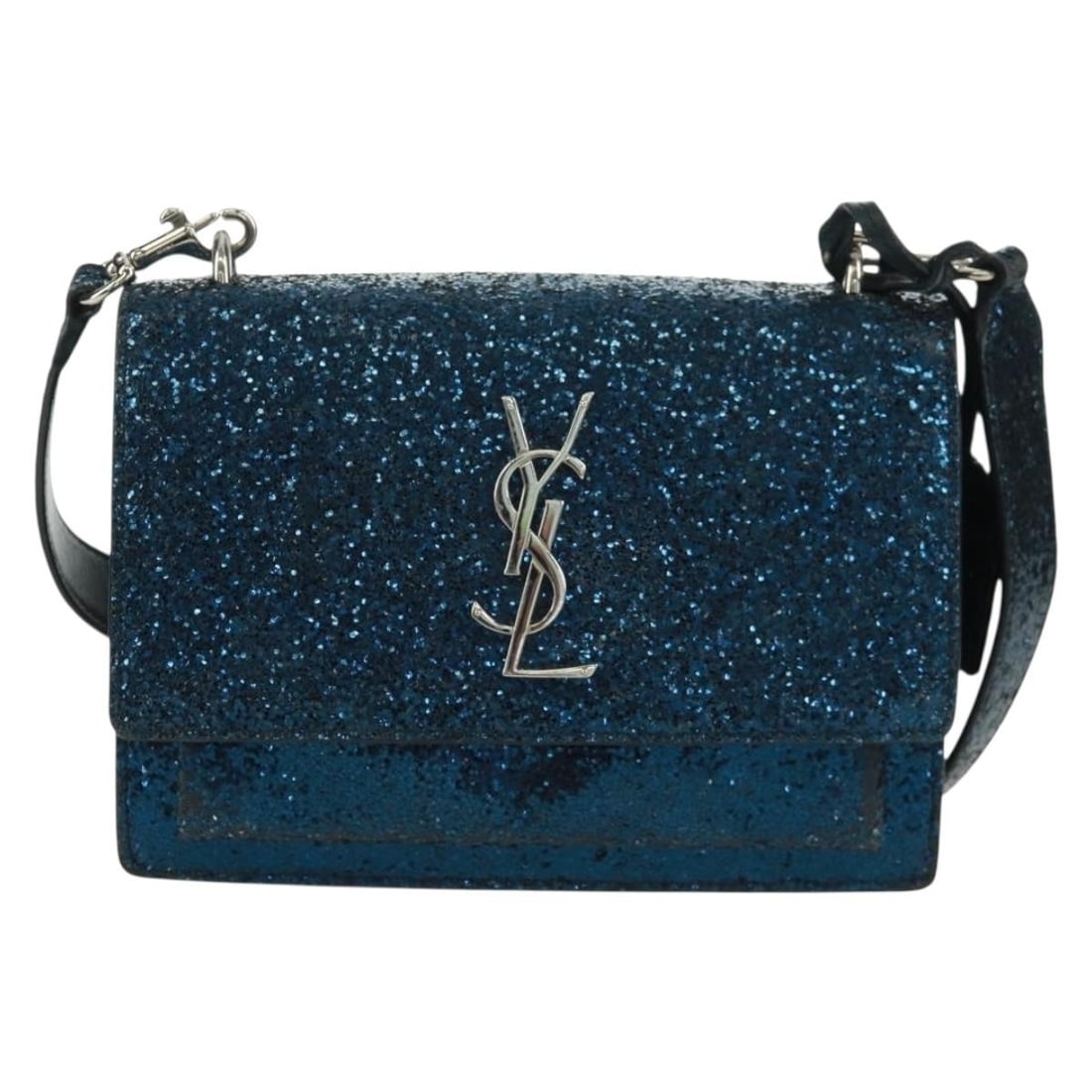 Blue Glitter Sunset Satchel Leather Bag by Saint Laurent: Blue Glitter Sunset Satchel Leather Bag by Saint Laurent This Saint Laurent Sunset Satchel features a striking blue glitter finish crafted from leather, designed for women. The bag exhibits rubbing on