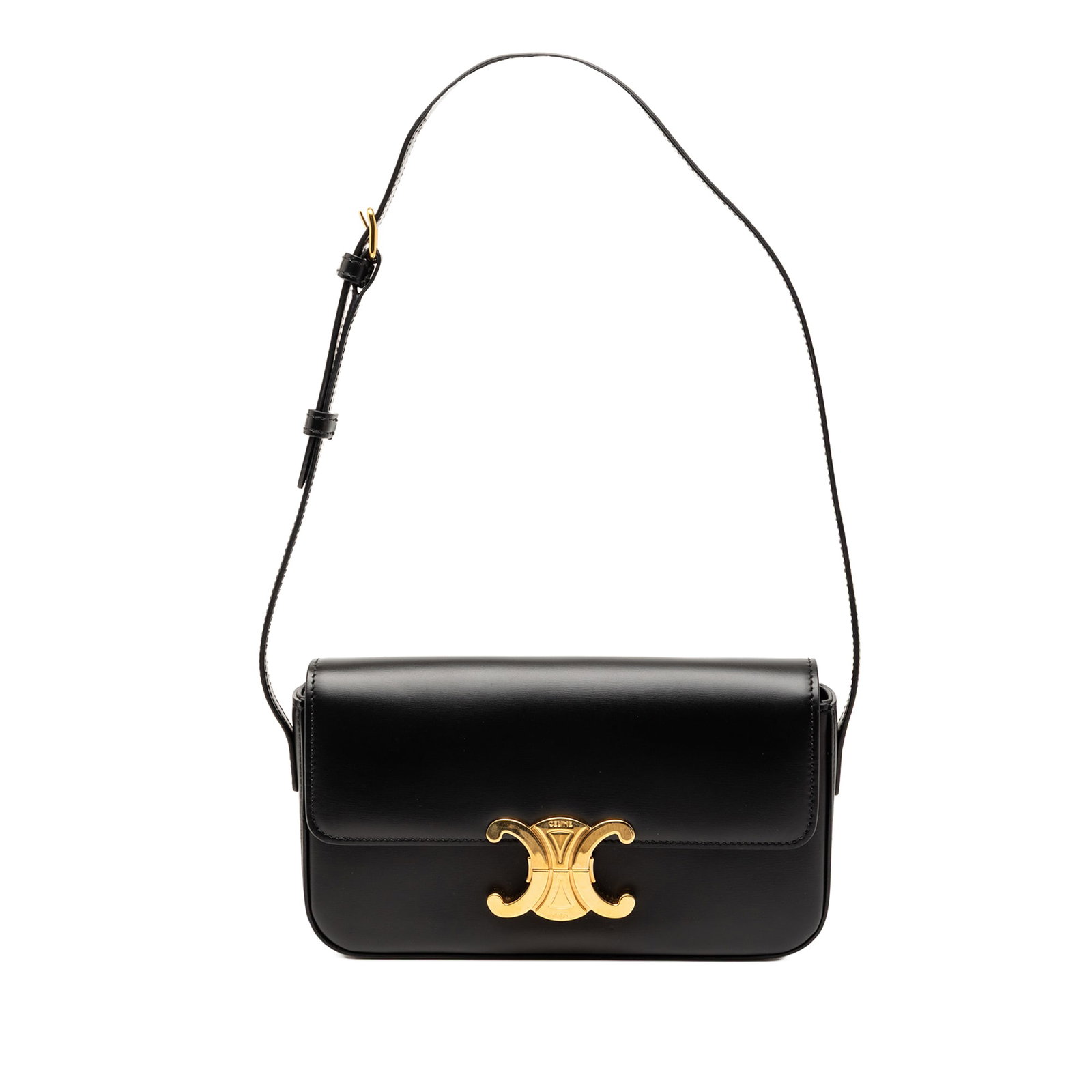 Celine Triomphe Claude Black Leather Shoulder Bag: Celine Triomphe Claude Black Leather Shoulder Bag The Celine Shiny Calfskin Triomphe Claude Shoulder Bag features a leather body with a sleek black finish, a flat leather shoulder strap, and a front f