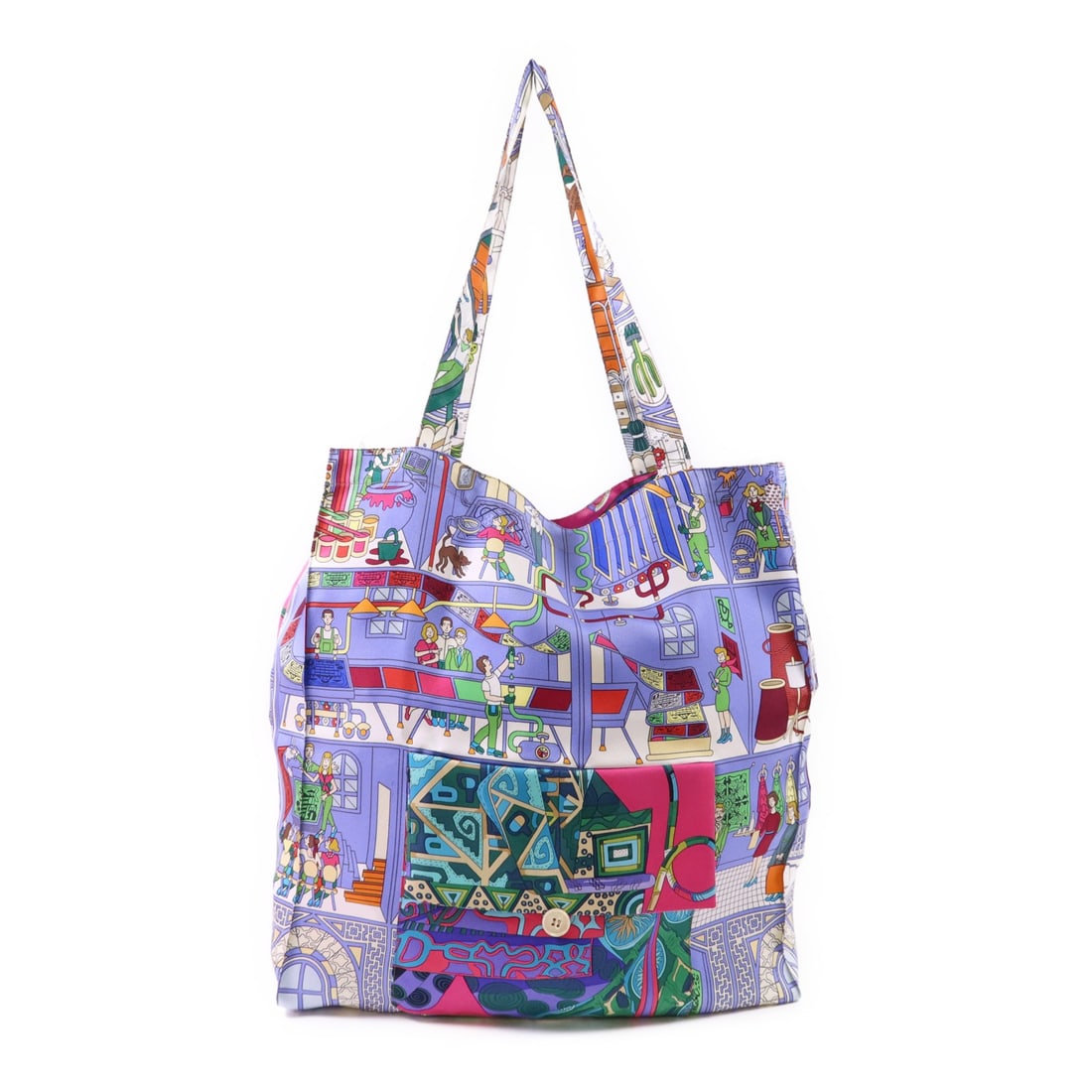 HERMES Petit H Multicolor Silk Tote Bag: HERMES Petit H Multicolor Silk Tote Bag This exquisite HERMES Petit H Shopping Totebag showcases a vibrant multicolor design, expertly crafted from luxurious silk. With a height of 15.4 inches, depth 