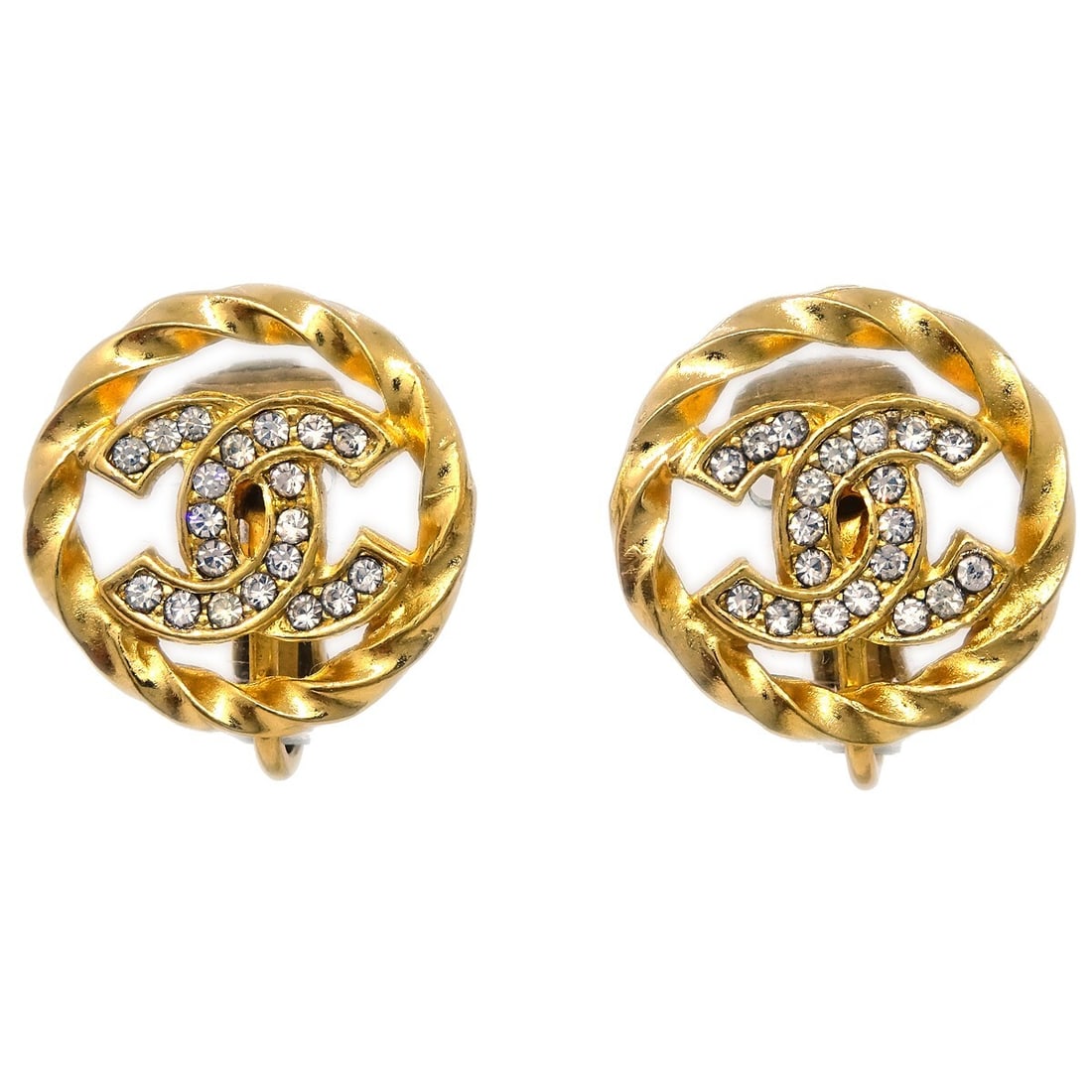 Chanel Gold-Plated Clip-On Button Earrings with Rhinestones: Chanel Gold-Plated Clip-On Button Earrings with Rhinestones Elevate your accessory collection with these exquisite Chanel Gold Button Earrings. These elegant clip-on earrings are designed in a round s