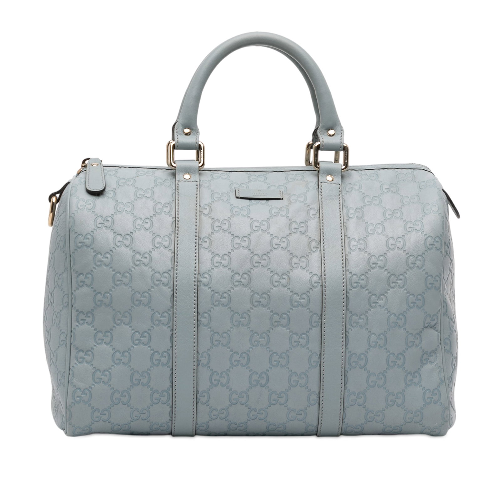 Gucci Guccissima Joy Boston Blue Embossed Leather Medium Satchel Bag: Gucci Guccissima Joy Boston Blue Embossed Leather Medium Satchel Bag This Joy Boston bag features an embossed leather exterior in blue, rolled leather handles, a top zip closure, and an interior slip 
