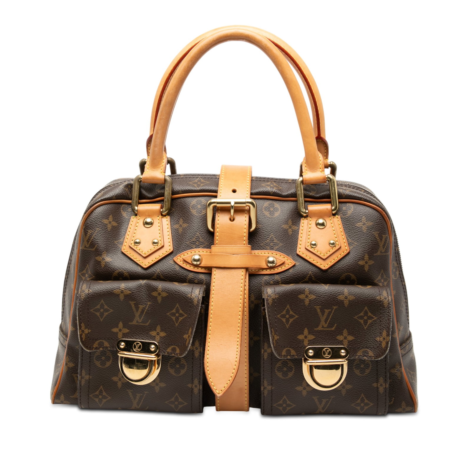 Louis Vuitton Manhattan GM Monogram Canvas Bag with Gold Tone Hardware: Louis Vuitton Manhattan GM Monogram Canvas Bag with Gold Tone Hardware The Louis Vuitton Monogram Manhattan GM is crafted with signature monogram canvas and vachetta leather trim. It features rolled v