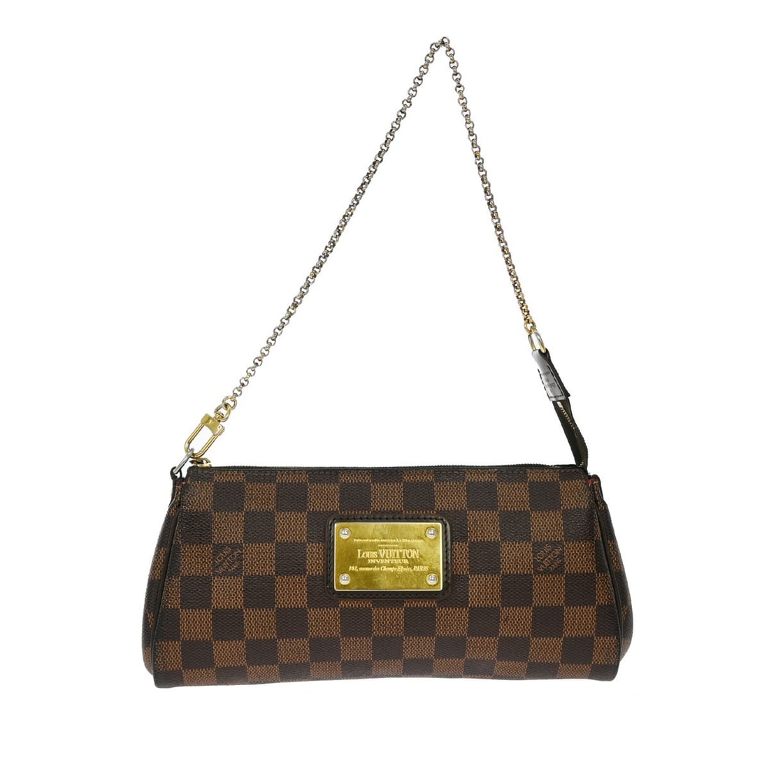 Louis Vuitton Eva Damier Ebene Chain Strap Brown Canvas Small Handbag: Louis Vuitton Eva Damier Ebene Chain Strap Brown Canvas Small Handbag This Louis Vuitton Eva handbag features the iconic Damier Ebene canvas leather exterior with a classic check pattern. Designed for
