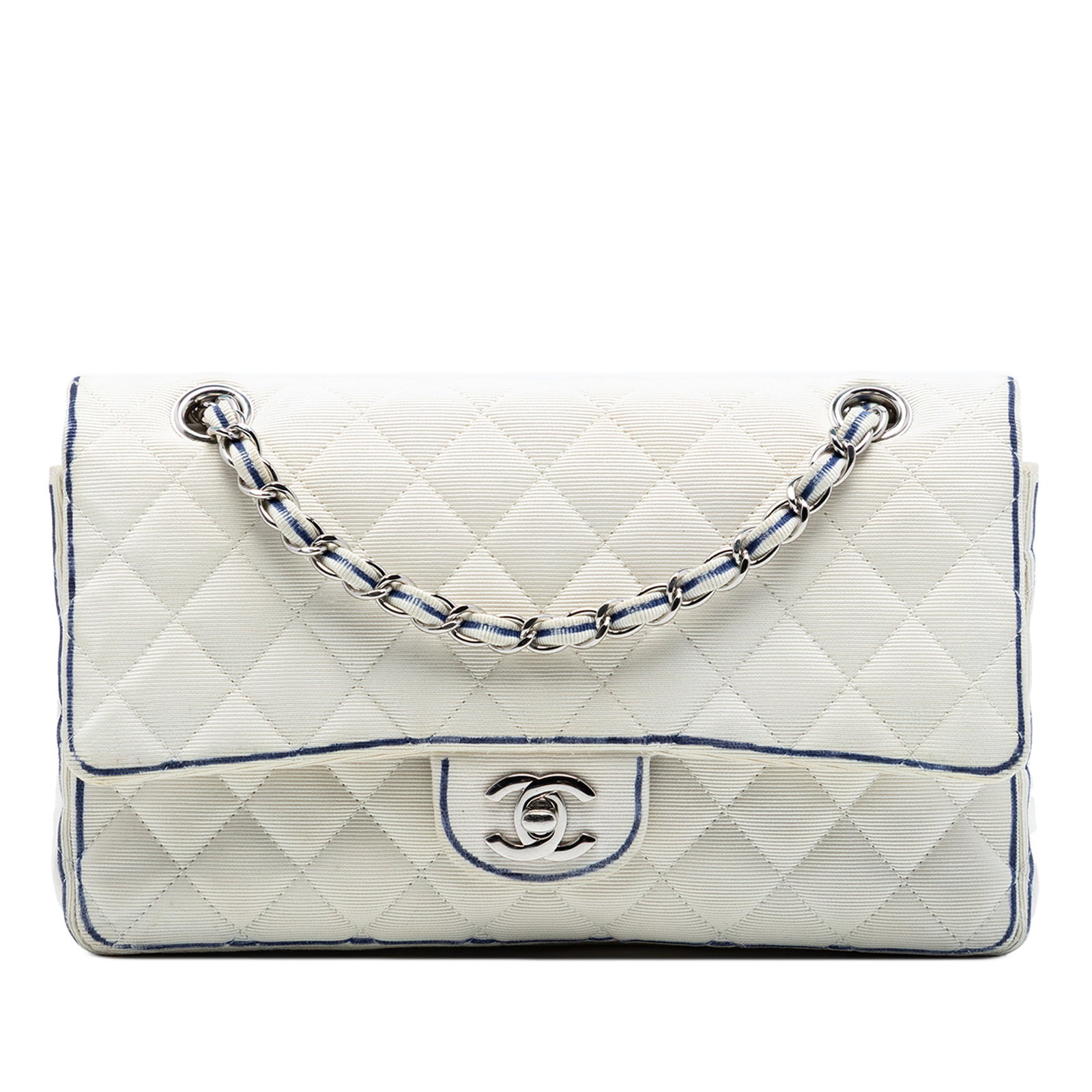 Chanel Medium Classic Grosgrain Double Flap Quilted Fabric Shoulder Bag: Chanel Medium Classic Grosgrain Double Flap Quilted Fabric Shoulder Bag This Chanel Medium Classic Printed Grosgrain Double Flap shoulder bag features a quilted nylon fabric body in white, fabric-wove