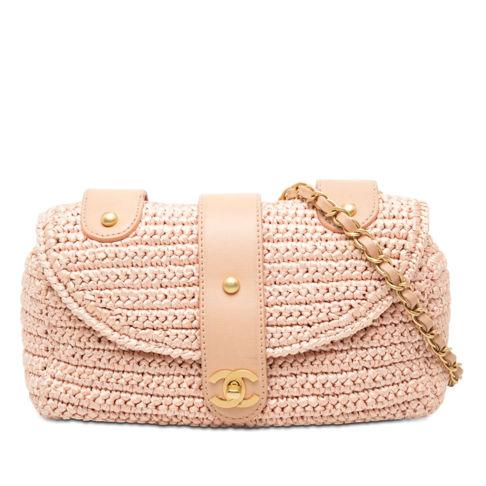 Chanel Pink Raffia Crossbody Bag with Leather Chain and Flap Closure: Chanel Pink Raffia Crossbody Bag with Leather Chain and Flap Closure This Chanel CC Woven Raffia Flap crossbody bag features a woven raffia body, a leather-woven chain strap, a front flap with a twist