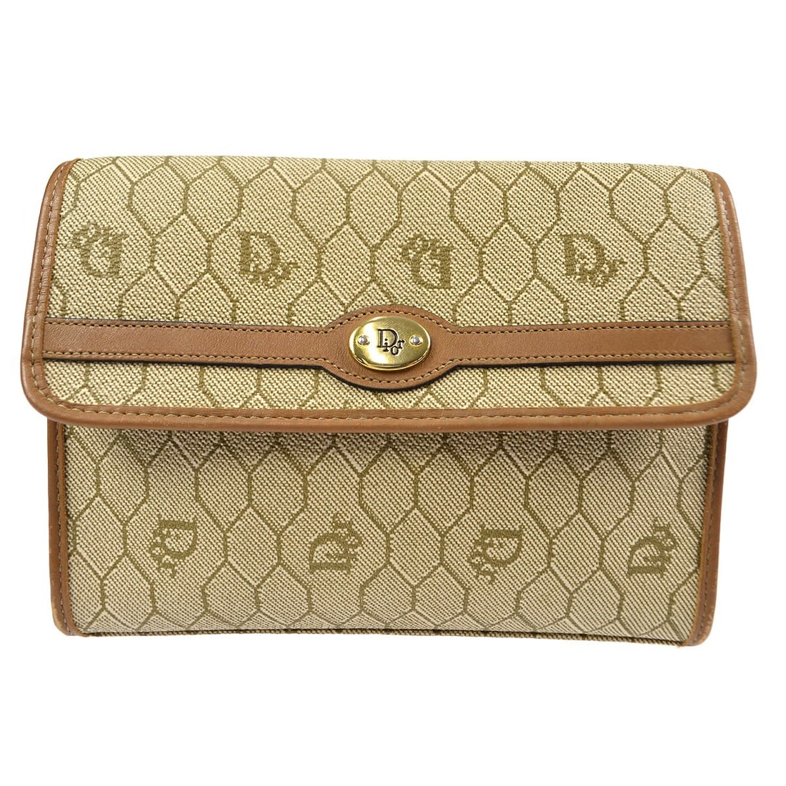 Dior Honeycomb Beige PVC Small Clutch Shoulder Bag with Gold Accents: Dior Honeycomb Beige PVC Small Clutch Shoulder Bag with Gold Accents This Christian Dior Honeycomb Pattern clutch bag features a beige PVC exterior with the signature honeycomb design and gold-tone ac
