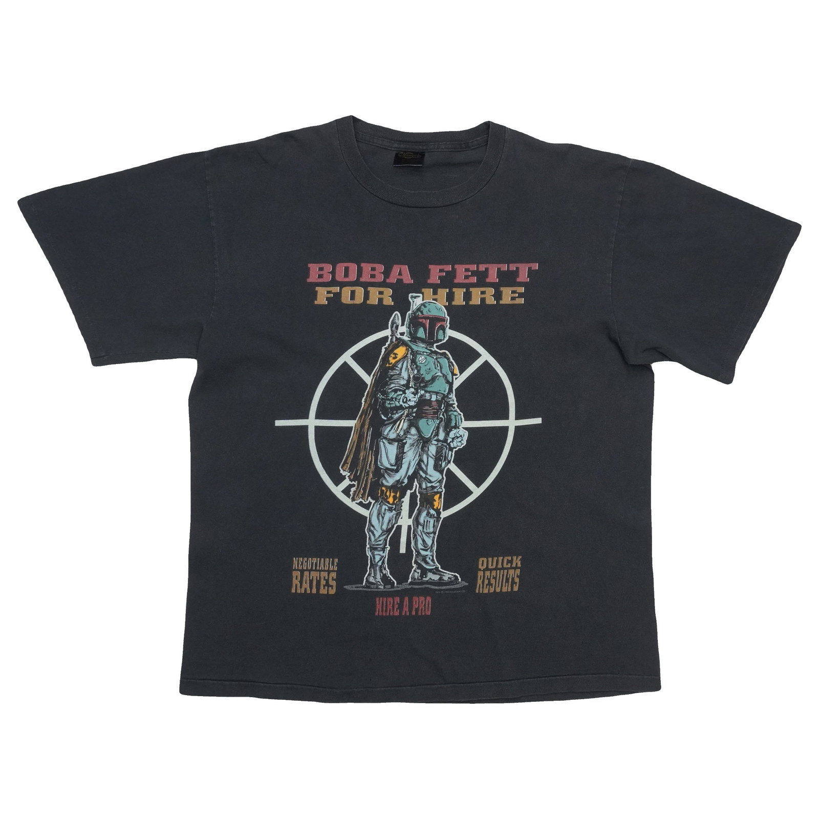 Vintage 1990s Black Boba Fett Star Wars Cotton T Shirt Extra Large: Vintage 1990s Black Boba Fett Star Wars Cotton T Shirt Extra Large This is an original vintage 1990s Star Wars "Boba Fett For Hire" shirt. It is a true vintage piece and not a modern reproduction. The