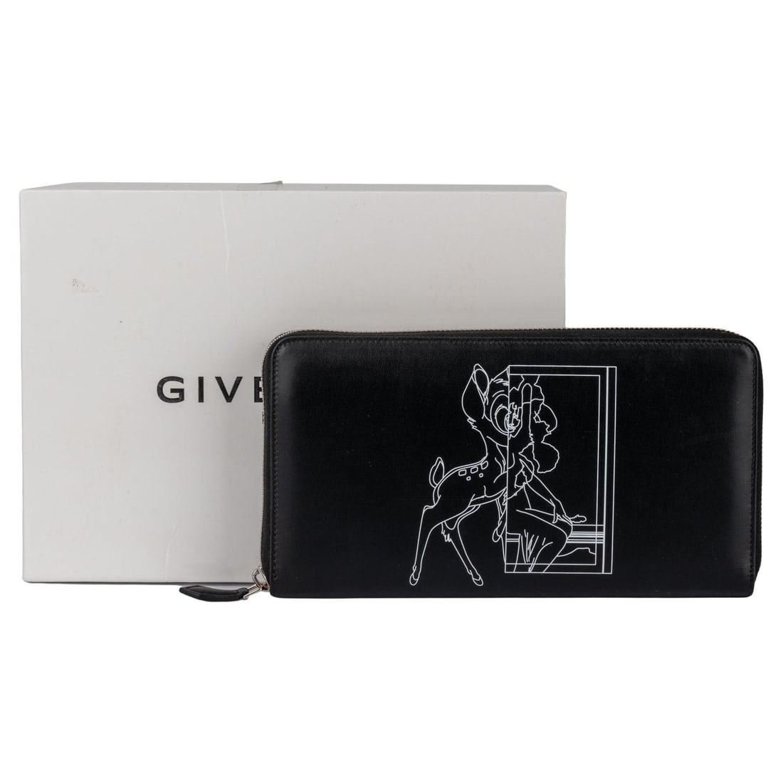 Givenchy Large Zip Around Wallet Black Leather Bambi Design: Givenchy Large Zip Around Wallet Black Leather Bambi Design This Givenchy large zip-around wallet is crafted from premium black leather and features a striking white Bambi design, making it a stylish 