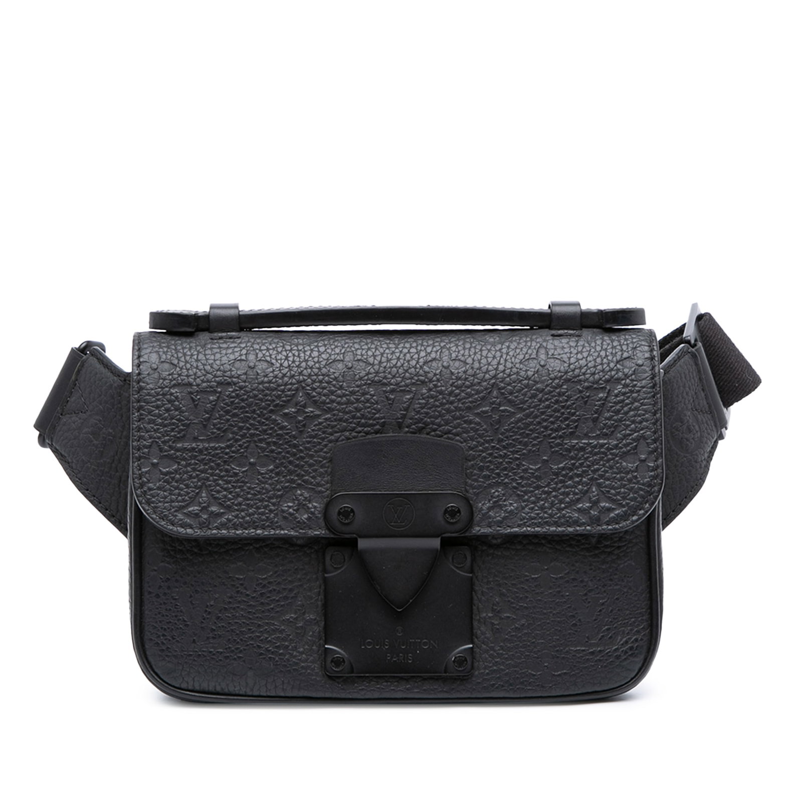Louis Vuitton S Lock Monogram Sling Bag in Black Taurillon Leather: Louis Vuitton S Lock Monogram Sling Bag in Black Taurillon Leather This Louis Vuitton Monogram Taurillon S Lock Sling Bag is crafted from black taurillon leather and features a flat leather top handle