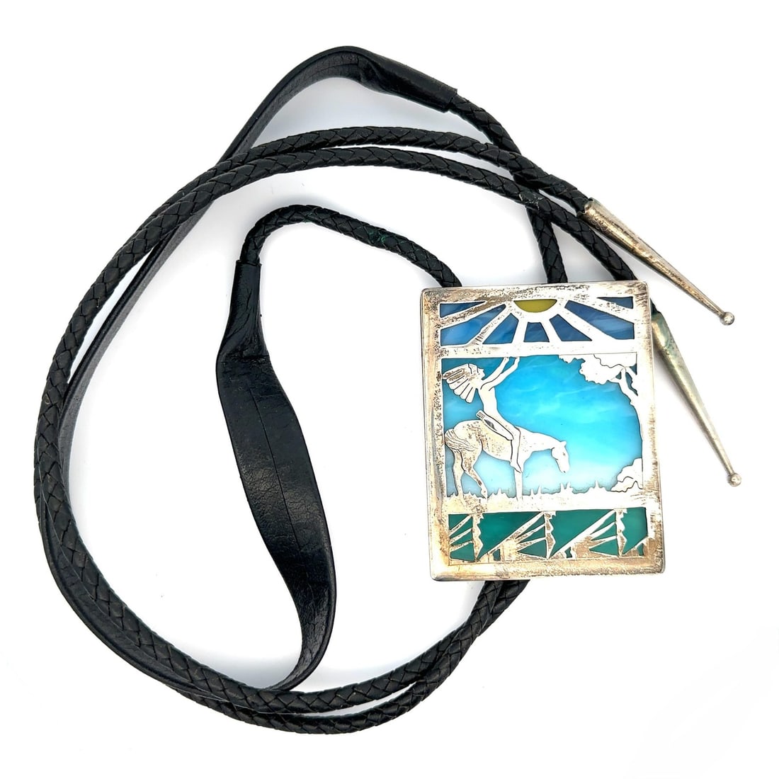 Vintage Native American 925 Silver Stained Glass Bolo Tie Pendant: Vintage Native American 925 Silver Stained Glass Bolo Tie Pendant This striking Vintage Native American bolo tie features a unique stained glass pendant depicting a man on horseback against a captivat