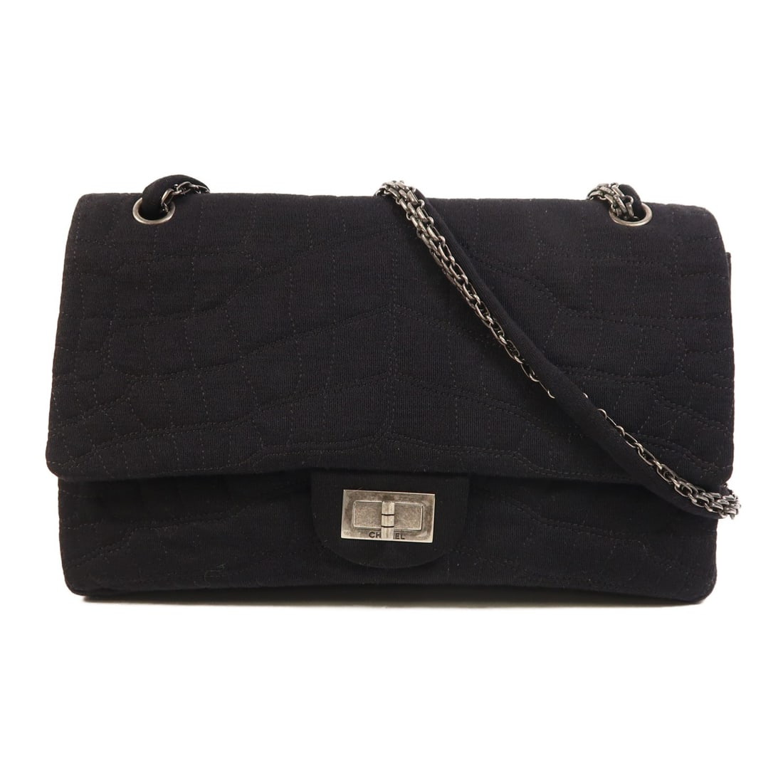 Chanel Black Canvas Shoulder Bag with CC Chain Detail: Chanel Black Canvas Shoulder Bag with CC Chain Detail This CHANEL CC chain shoulder bag features a black canvas exterior and a classic chain shoulder strap. Designed for women, the bag offers a practi