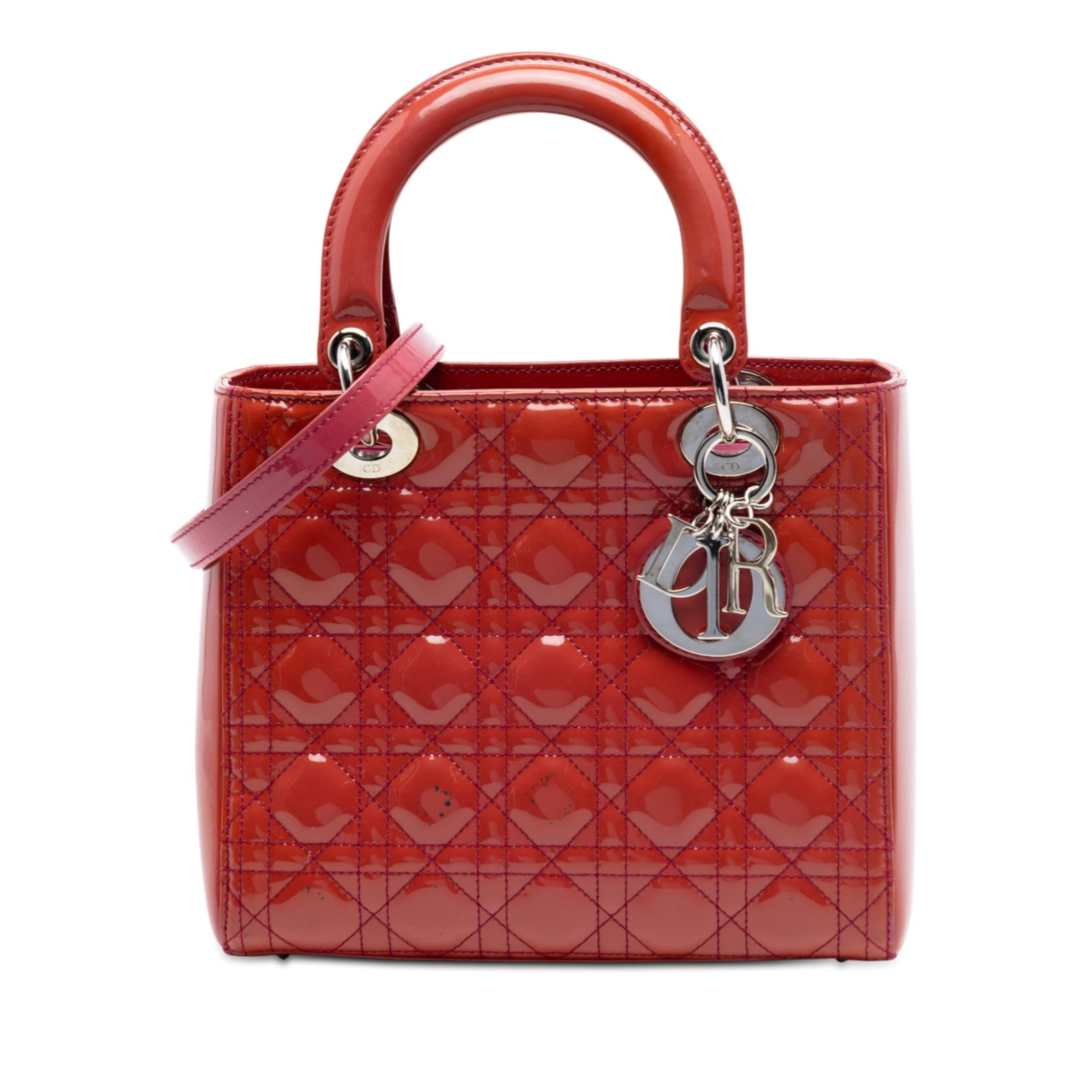 Dior Lady Dior Medium Red Patent Cannage Leather Handbag with Strap: Dior Lady Dior Medium Red Patent Cannage Leather Handbag with Strap This Lady Dior bag features a red patent leather body with Cannage stitching, flat leather top handles, a detachable flat leather st