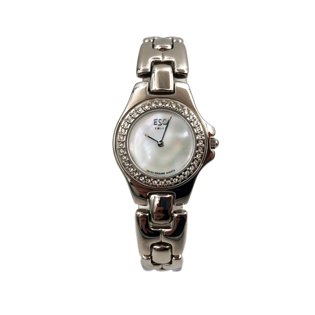 ESQ Movado Quartz Ladies Watch 100533A White MOP Dial Stainless Steel: ESQ Movado Quartz Ladies Watch 100533A White MOP Dial Stainless Steel This elegant ESQ Movado wristwatch is the perfect accessory for dress or formal occasions. Featuring a stunning white mother-of-pe
