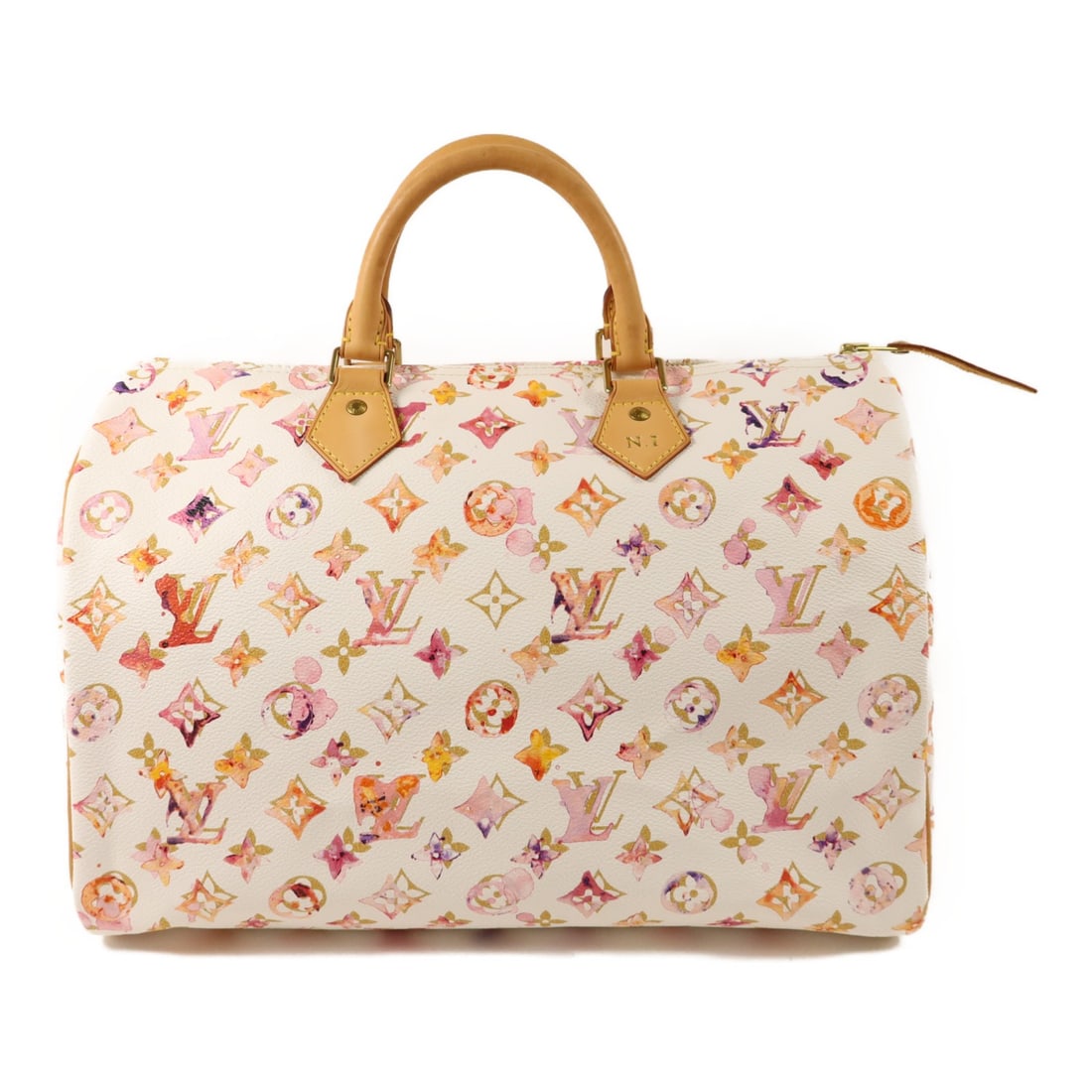 Louis Vuitton Speedy 35 Monogram Watercolor Multicolor Handbag GHW: Louis Vuitton Speedy 35 Monogram Watercolor Multicolor Handbag GHW This Louis Vuitton Speedy 35 handbag features the iconic Monogram Watercolor pattern in a vibrant multicolor design. Crafted from dur