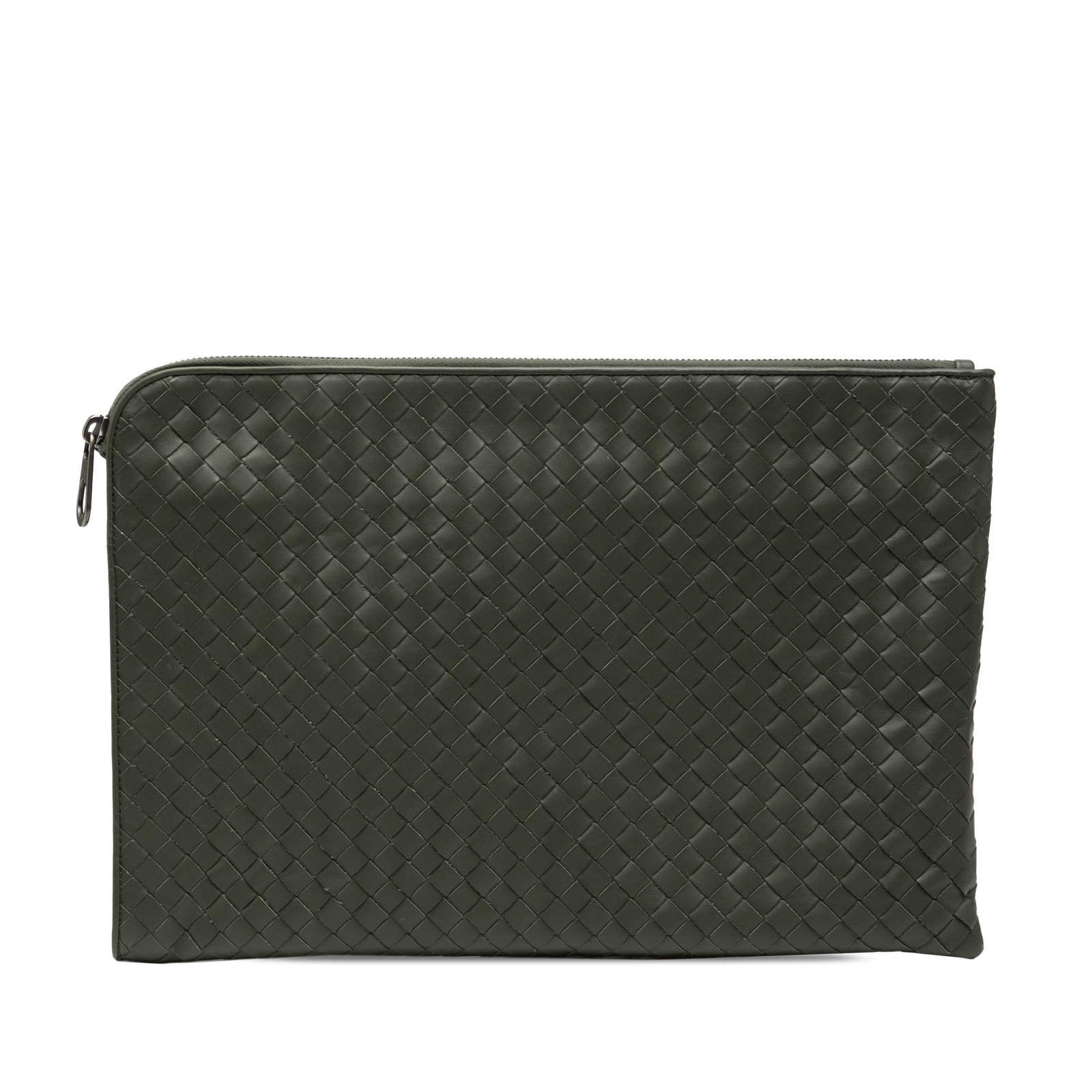 Green Intrecciato Woven Leather Clutch Bag by Bottega Veneta: Green Intrecciato Woven Leather Clutch Bag by Bottega Veneta This clutch features Bottega Veneta's signature woven leather design and a zip-around closure. Crafted in Italy, it comes in a green color 
