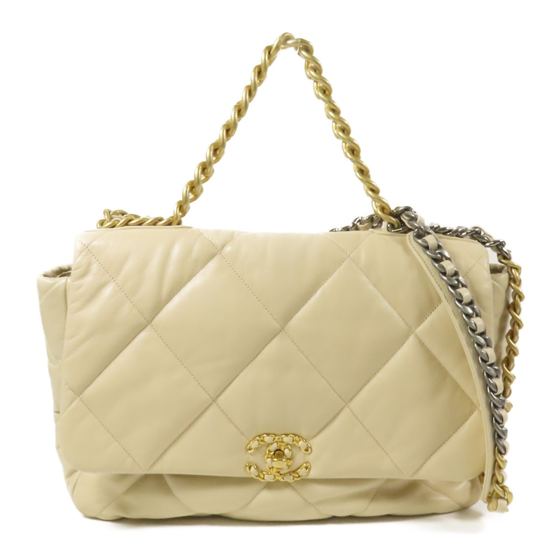 CHANEL 19 Large 2Way Shoulder Bag Beige Lambskin Leather GHW: CHANEL 19 Large 2Way Shoulder Bag Beige Lambskin Leather GHW This elegant CHANEL 2Way Shoulder Bag is crafted from luxurious lambskin leather in a sophisticated beige color. Designed for versatility, 