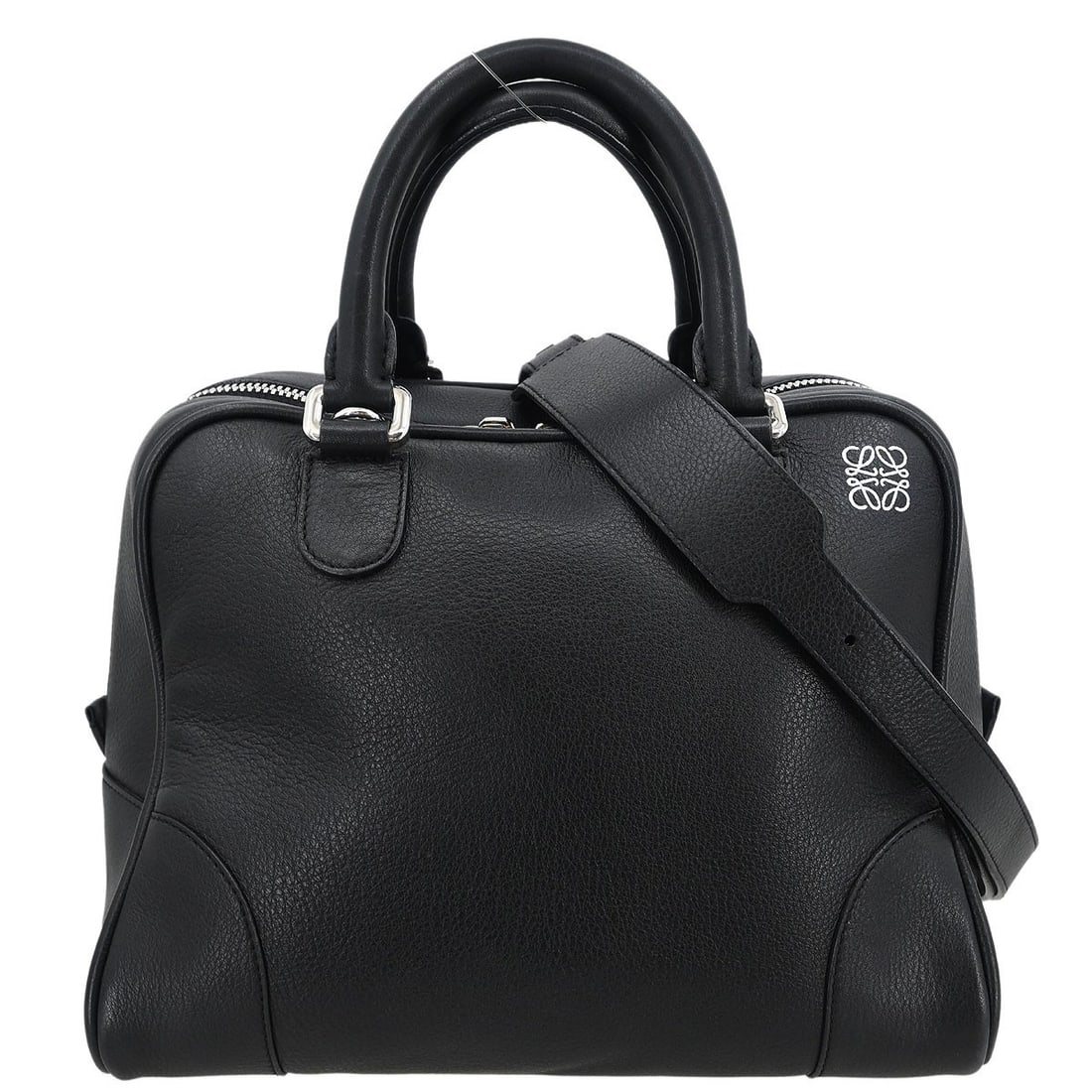 Loewe Amazona 75 Black Leather Handbag with Double Handles: Loewe Amazona 75 Black Leather Handbag with Double Handles This Loewe Amazona 75 handbag is a stylish and functional accessory crafted from high-quality leather. Featuring a sleek black exterior, it o