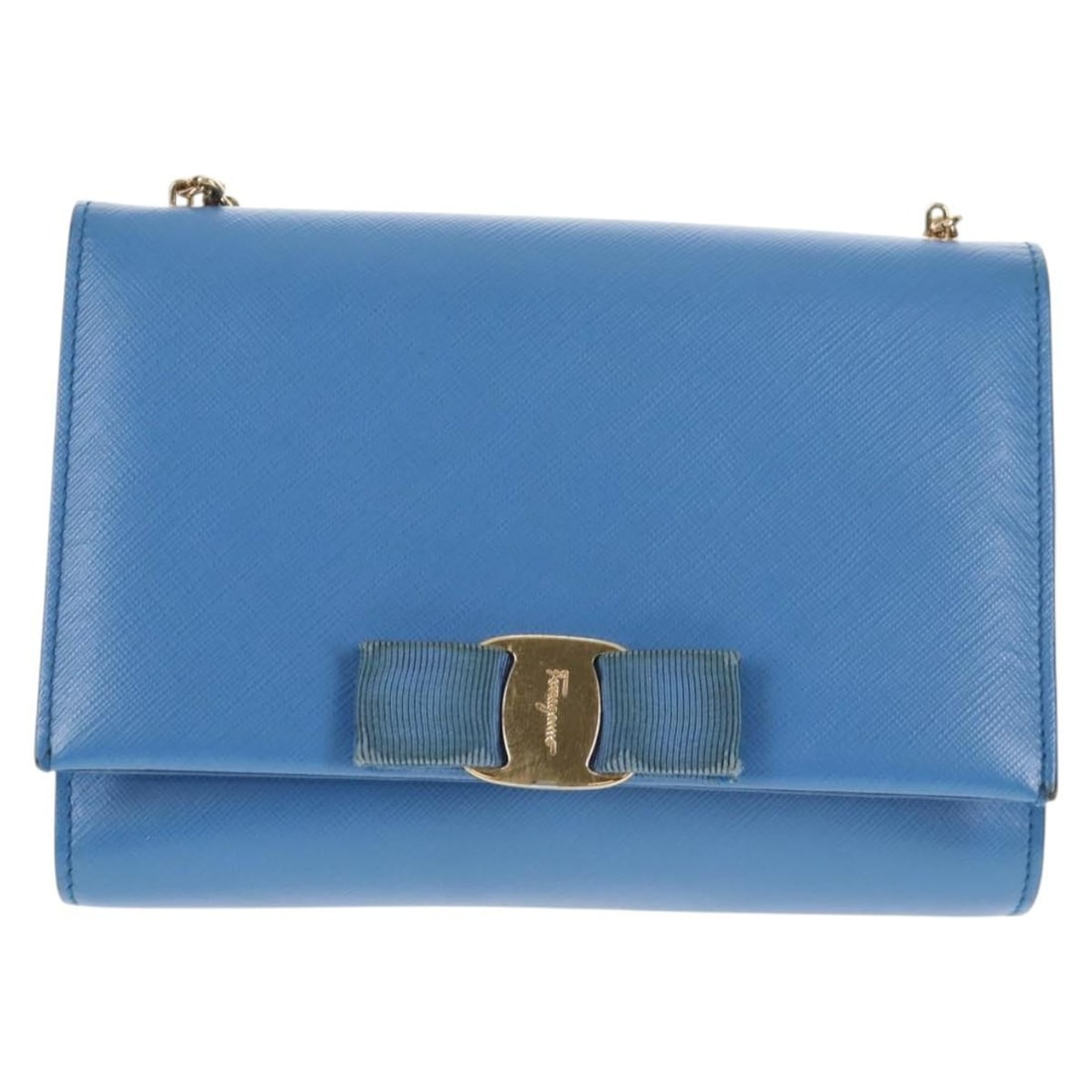 Blue Leather Ginny Crossbody Bag by Salvatore Ferragamo: Blue Leather Ginny Crossbody Bag by Salvatore Ferragamo This Salvatore Ferragamo Ginny crossbody bag for women features blue leather construction with chain shoulder strap. The pre-owned bag shows sig