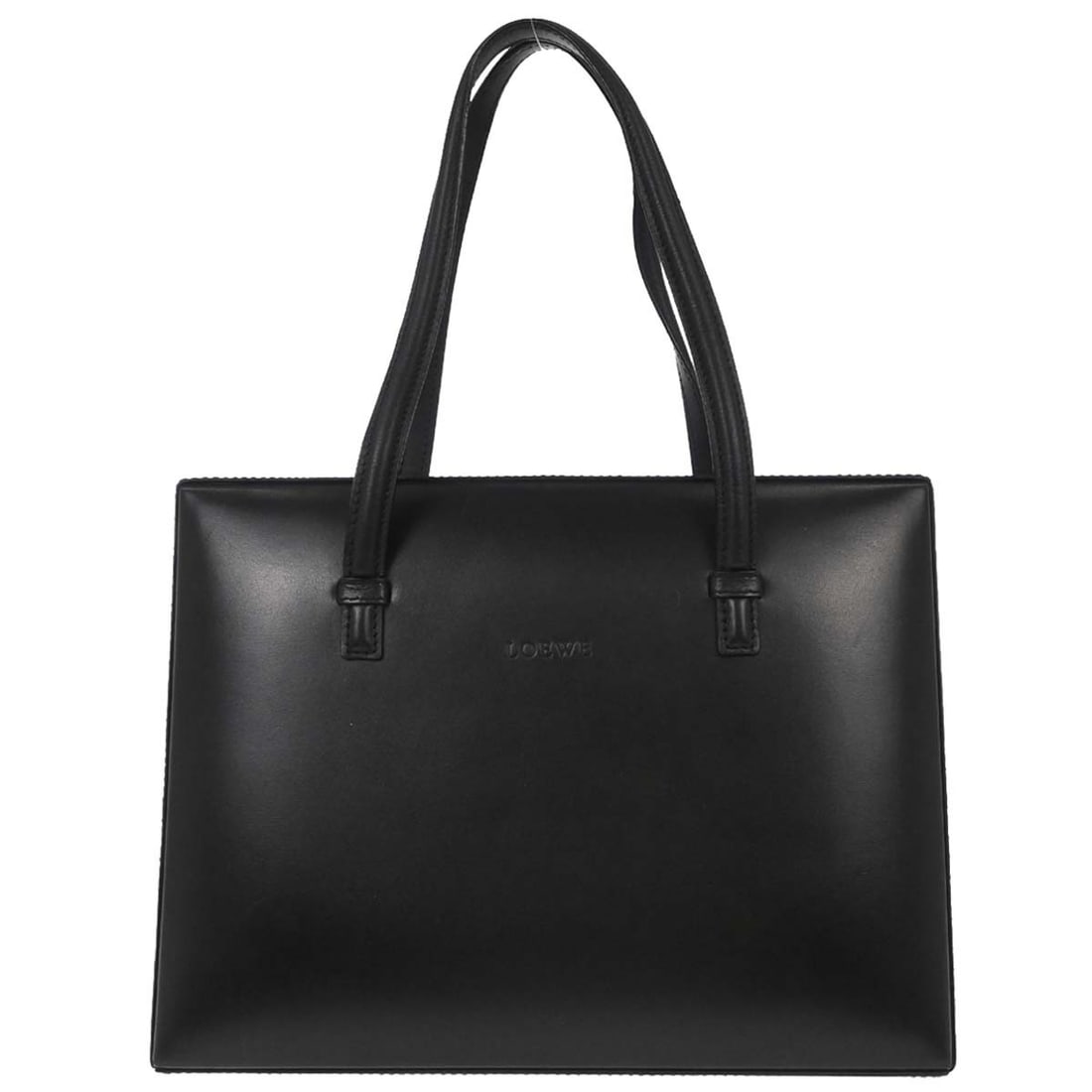 Loewe Anagram Small Black Leather Top Handle Bag with Double Handles: Loewe Anagram Small Black Leather Top Handle Bag with Double Handles This Loewe black leather handbag features a small top handle design with double leather handles and a magnetic closure. The exterio