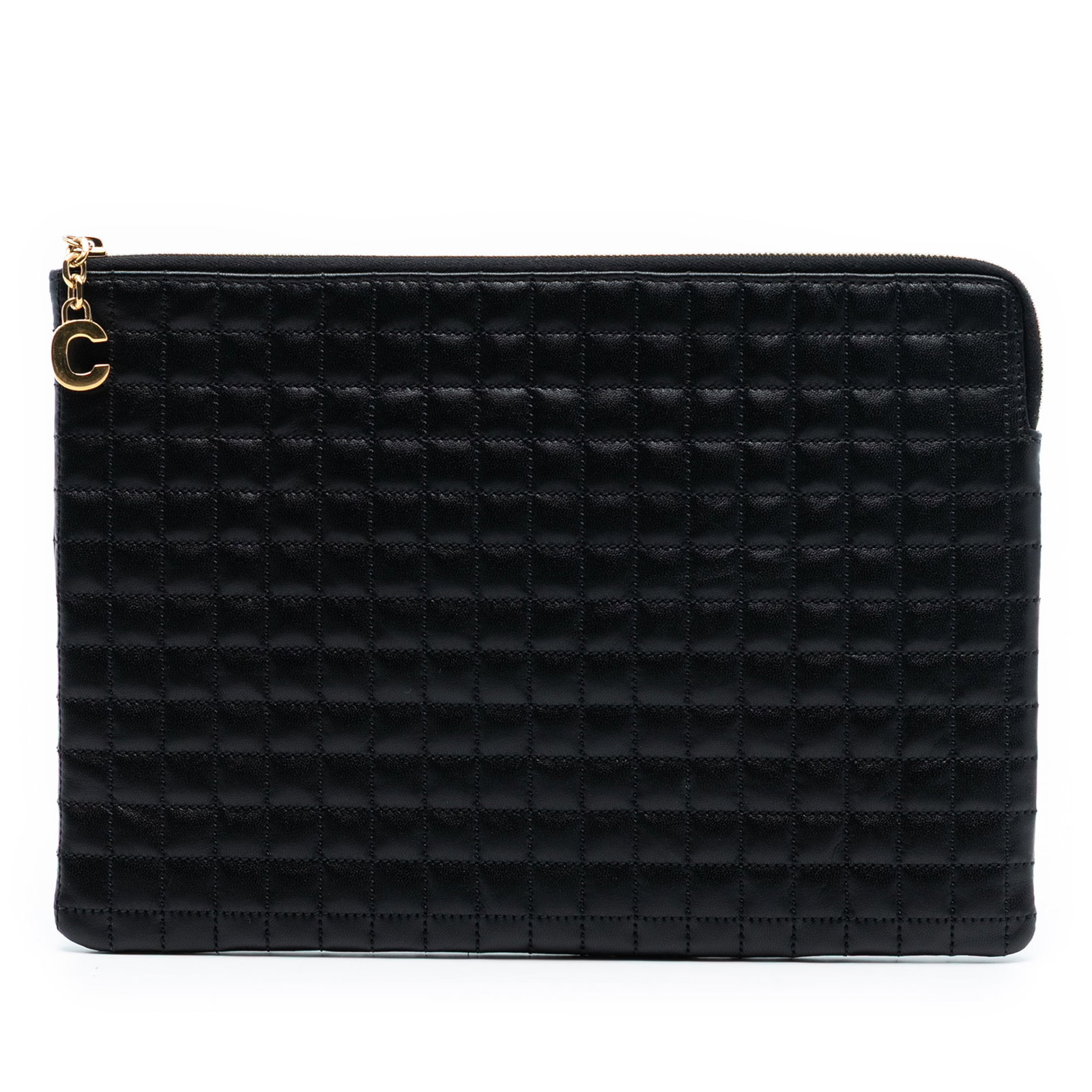 Black Leather Quilted Pouch with C Charm by Celine: Black Leather Quilted Pouch with C Charm by Celine This Celine pouch features a quilted leather exterior in black with a top zip closure and interior card slots. Made in Italy, it is designed for both