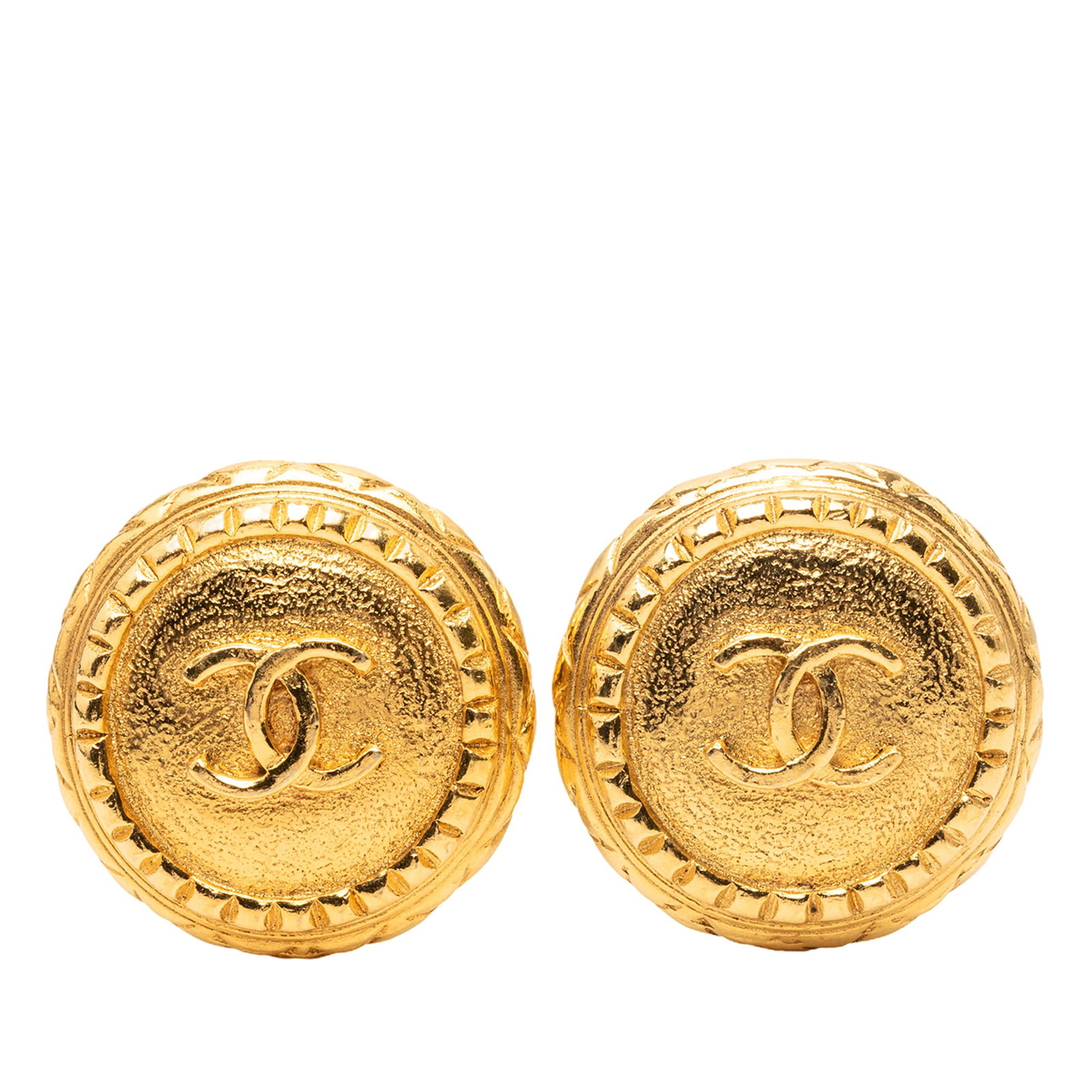 Chanel CC Logo Round Clip On Earrings Gold Plated Metal: Chanel CC Logo Round Clip On Earrings Gold Plated Metal These Chanel round clip-on earrings feature gold-plated metal bodies with a prominent CC logo design. The earrings are crafted in France and hav