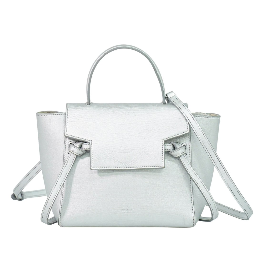 Silver Leather Belt Bag by Celine 20cm x 16cm x 11cm: Silver Leather Belt Bag by Celine 20cm x 16cm x 11cm This Celine Belt Bag is crafted from textured leather in a silver color, designed for women. It features a structured silhouette with a top handle 