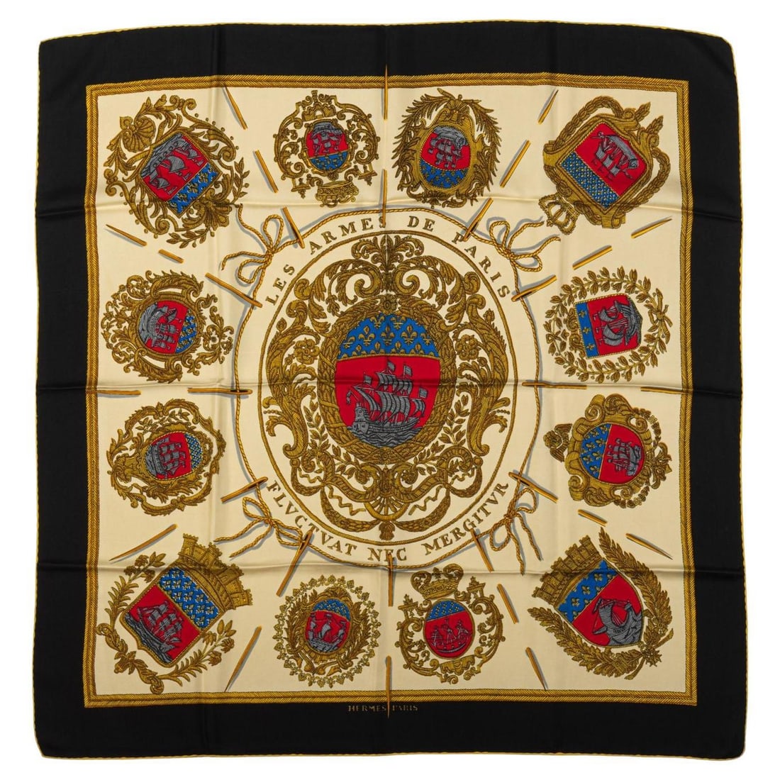 Hermes Les Armes De Paris Silk Scarf 35 in Made in France: Hermes Les Armes De Paris Silk Scarf 35 in Made in France Elevate your accessory collection with this exquisite Hermes "Les Armes De Paris" scarf. Crafted from 100% luxurious silk, this scarf features