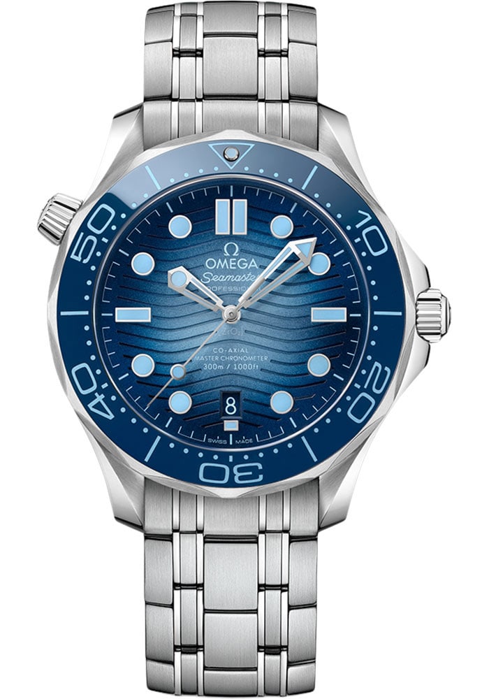 Omega Seamaster Diver 300M Blue Dial Watch Ref 210.30.42.20.03.003 with Card: Omega Seamaster Diver 300M Blue Dial Watch Ref 210.30.42.20.03.003 with Card This Omega Seamaster Diver 300M Co-Axial Master Chronometer features a striking blue dial and a rotating bezel. The watch i