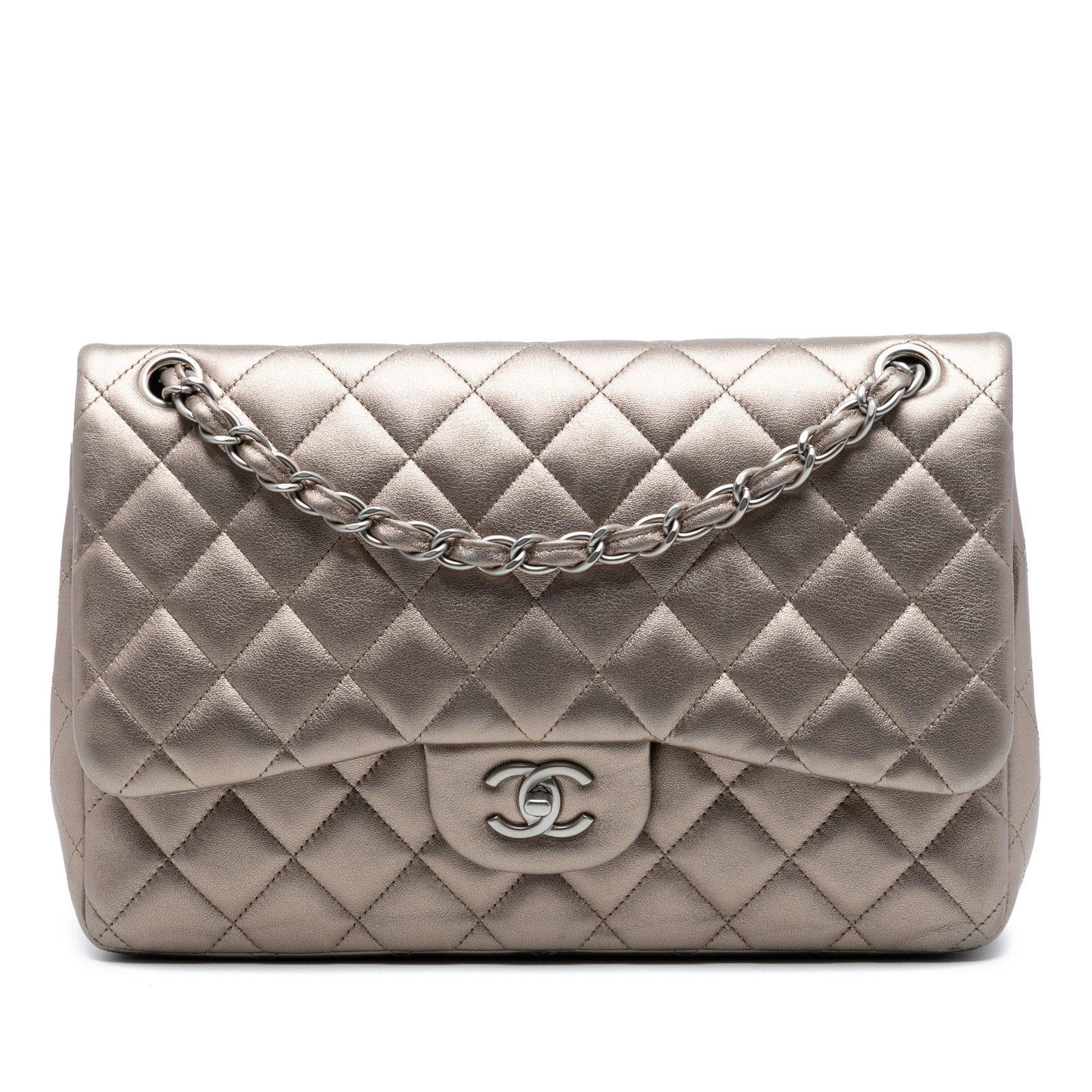 Chanel Jumbo Classic Metallic Brown Lambskin Double Flap Shoulder Bag: Chanel Jumbo Classic Metallic Brown Lambskin Double Flap Shoulder Bag This Chanel Jumbo Classic Metallic Lambskin Double Flap shoulder bag features a quilted lambskin leather exterior in brown, leathe