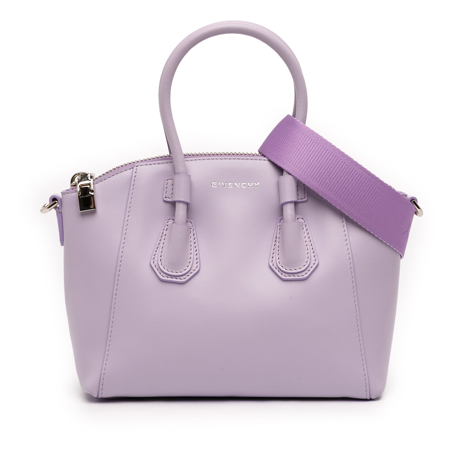 Givenchy Antigona Sport Mini Leather Satchel with Detachable Strap: Givenchy Antigona Sport Mini Leather Satchel with Detachable Strap This Givenchy Mini Calfskin Antigona Sport Satchel features a leather body in purple, rolled leather handles, a detachable flat strap